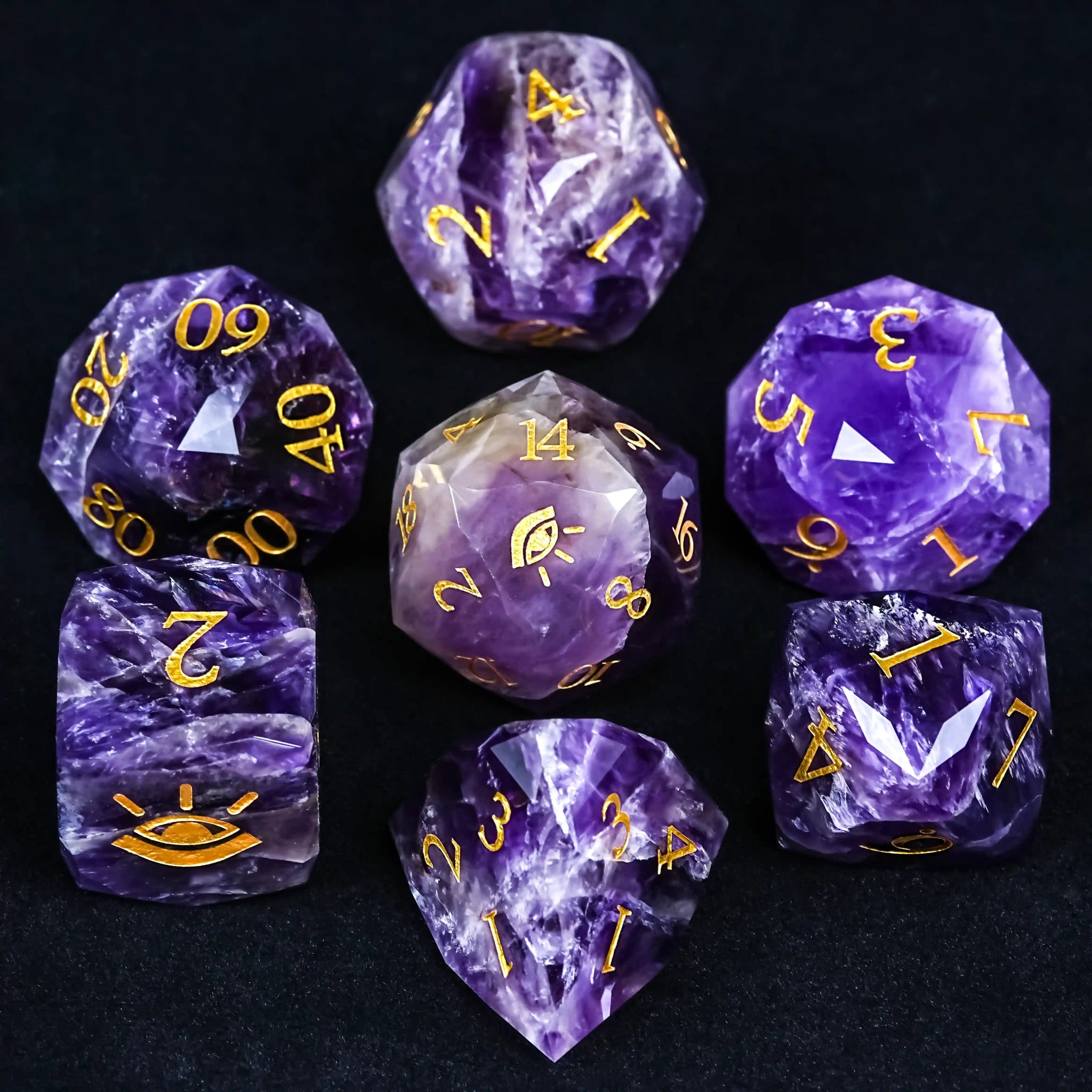 Kickstarter Dice - Natural Amethyst DND Dice Set with Engraved All-Seeing Eye Pattern | Bear Dice