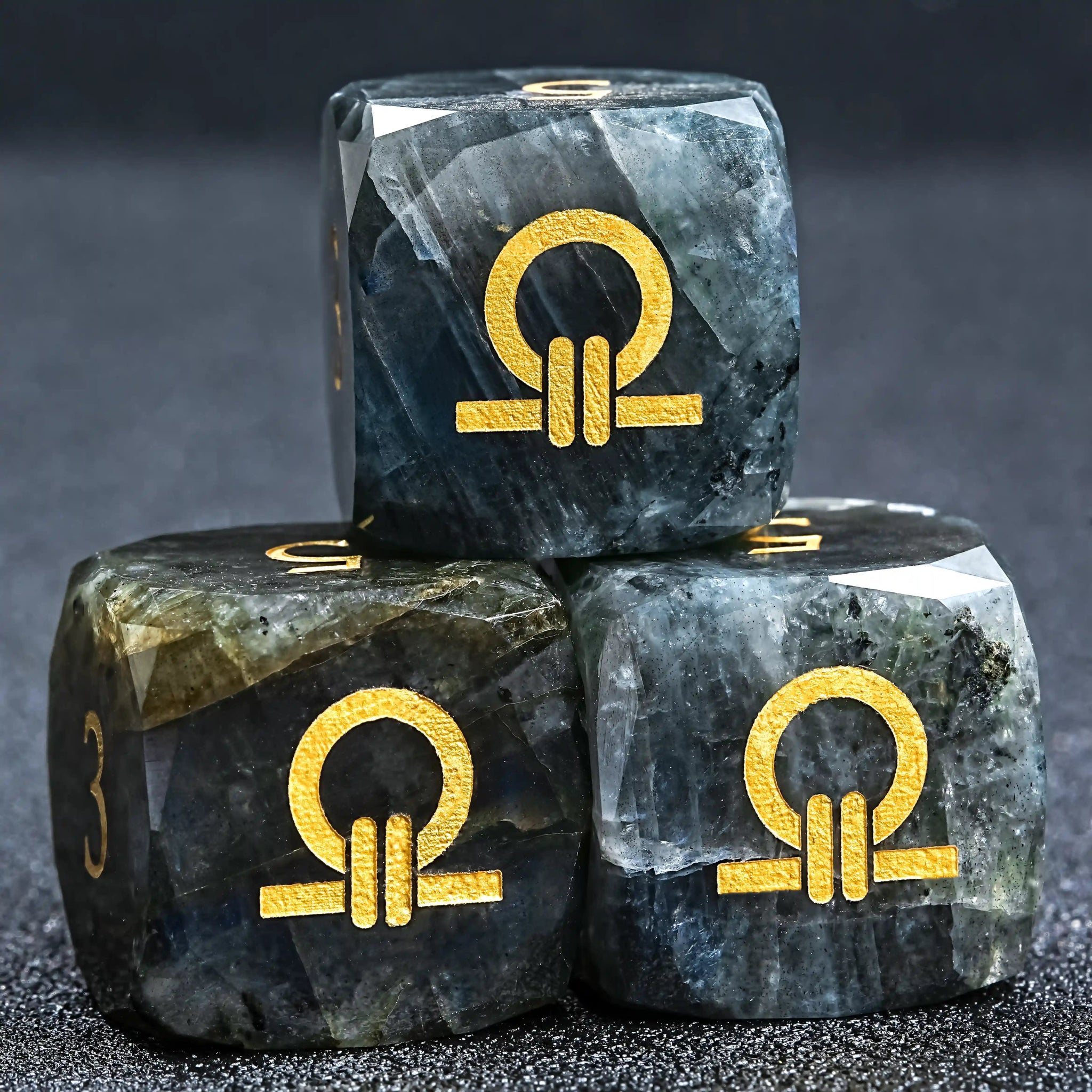 Kickstarter Dice - Natural Labradorite DND D6 Dice, engraved with the Ring of Order pattern | Bear Dice