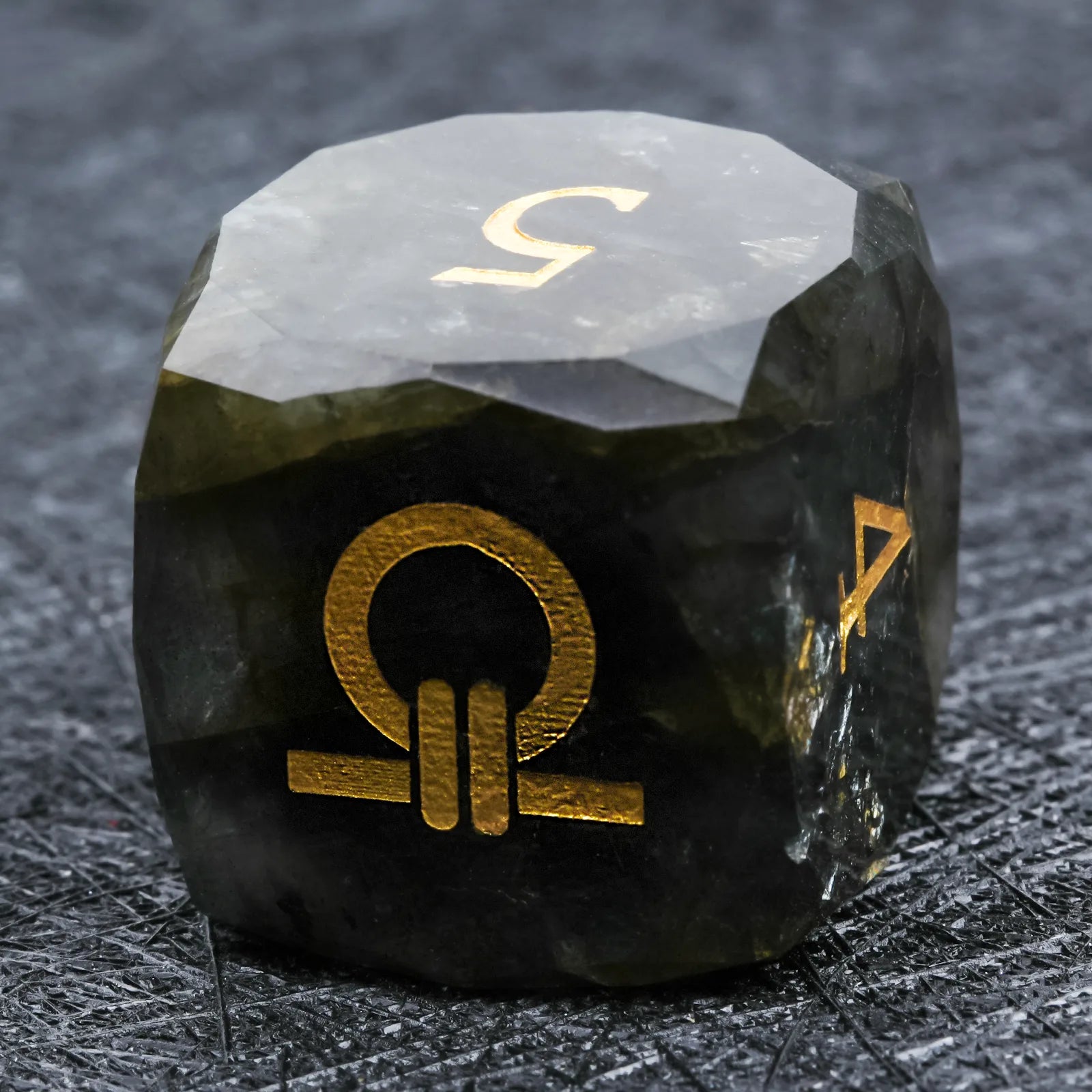 Kickstarter Dice - Natural Labradorite DND D6 Dice, engraved with the Ring of Order pattern | Bear Dice