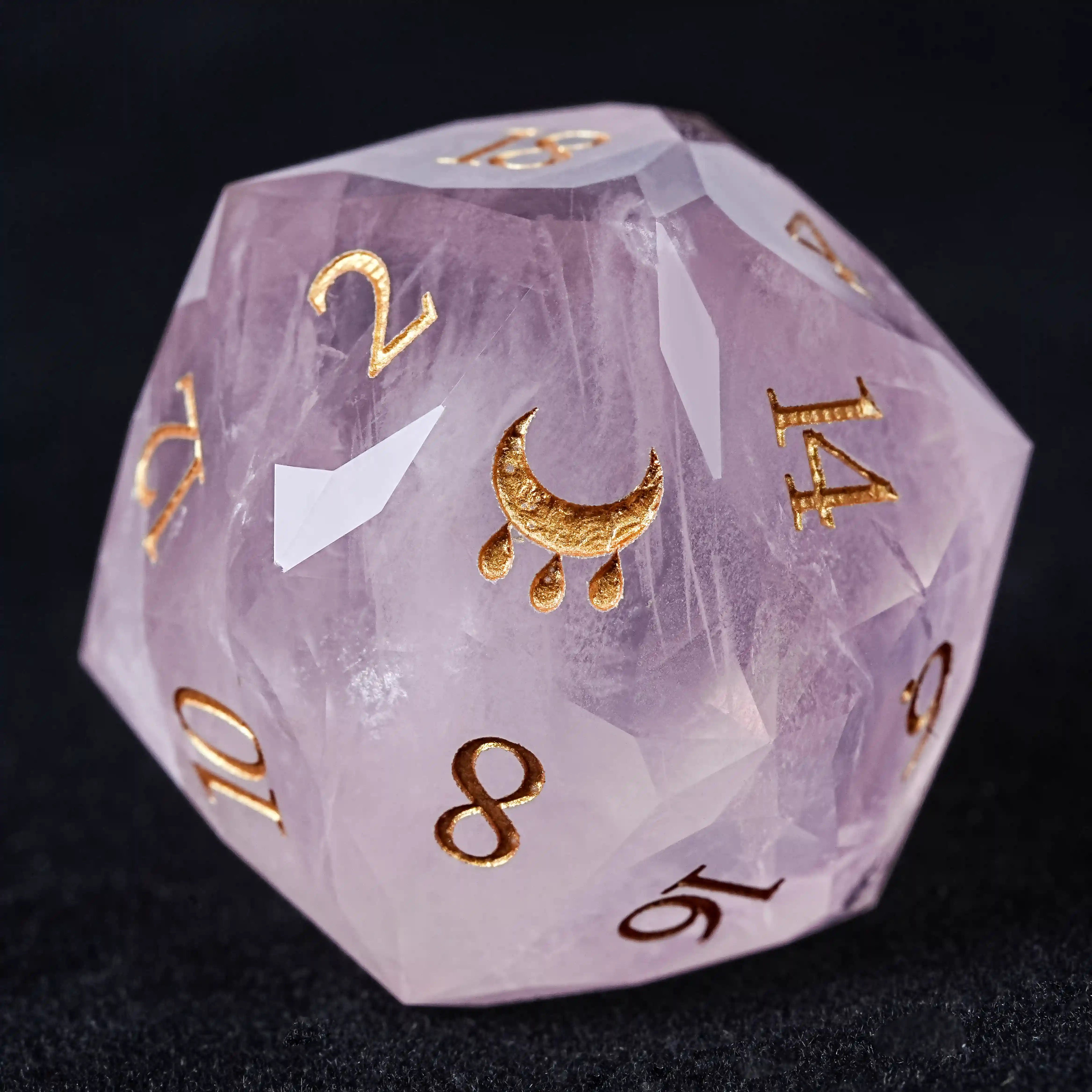 Kickstarter Dice - Natural Rose Quartz DND D20 Dice Engraved with the Gift of the Nile Pattern | Bear Dice