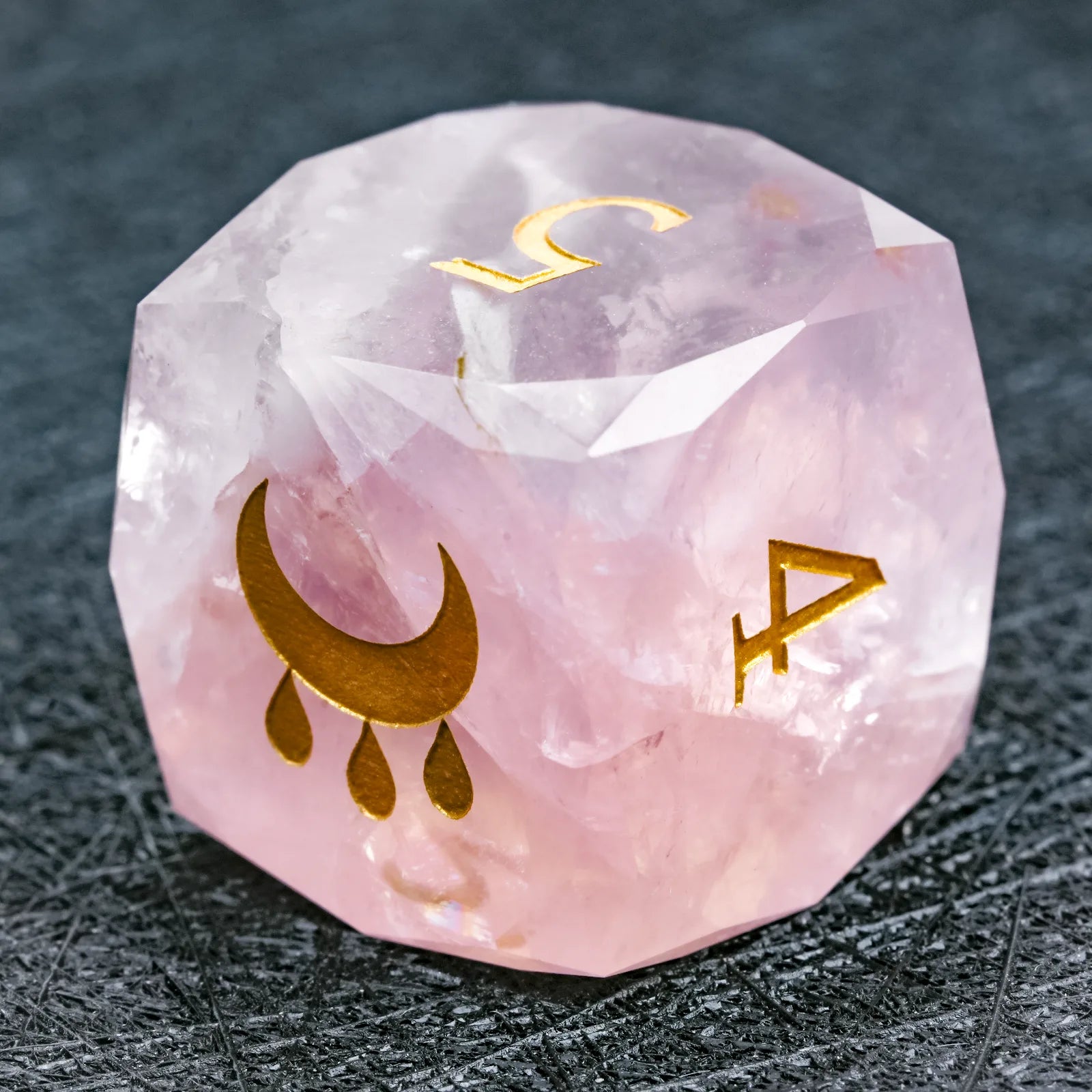 Kickstarter Dice - Natural Rose Quartz DND Dice D6 Engraved with the Gift of the Nile Pattern | Bear Dice
