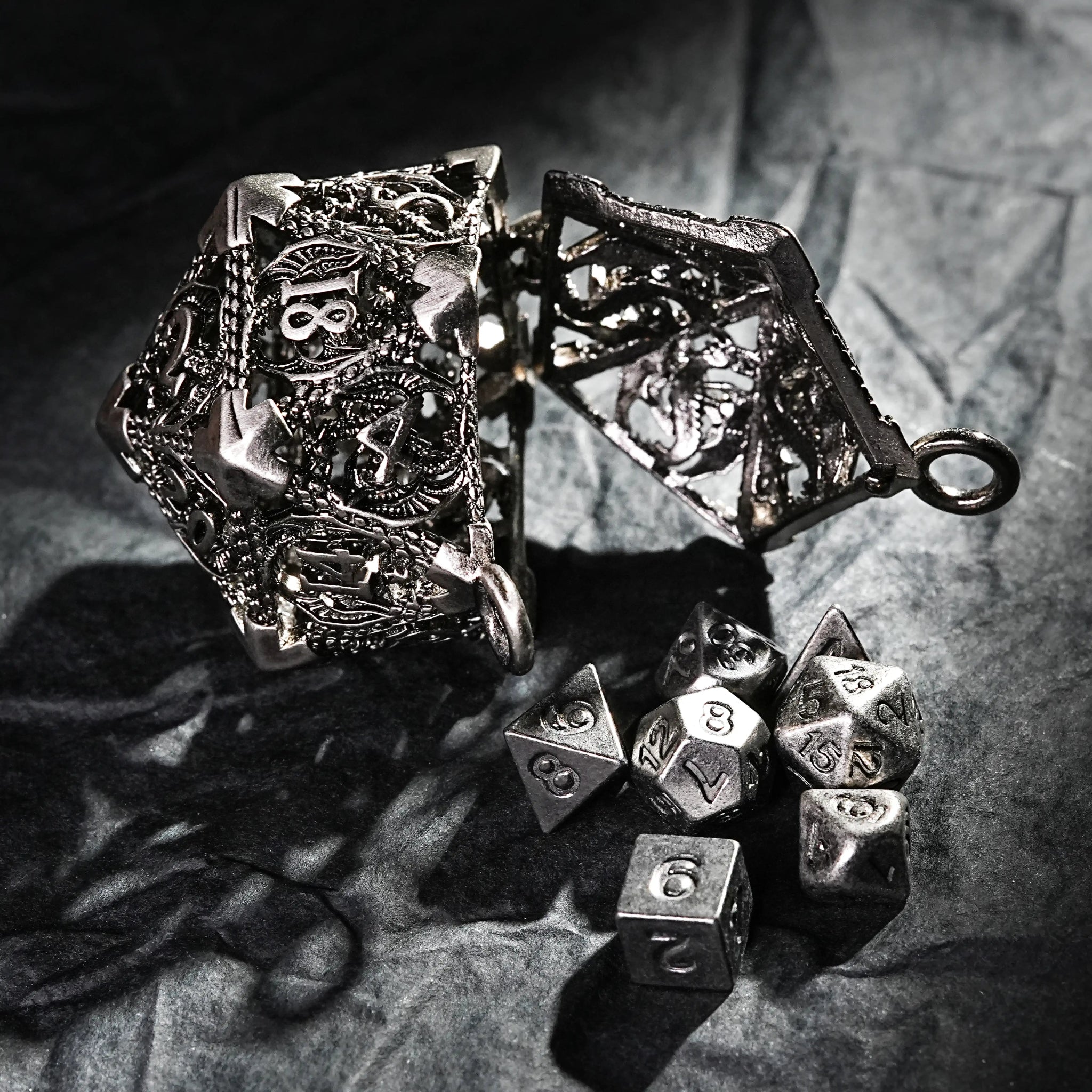 Nickel Metal Hollow D20 Dragon Dice Cage Keychain + Nickel DND Mini Metal Dice Set | Bear Dice