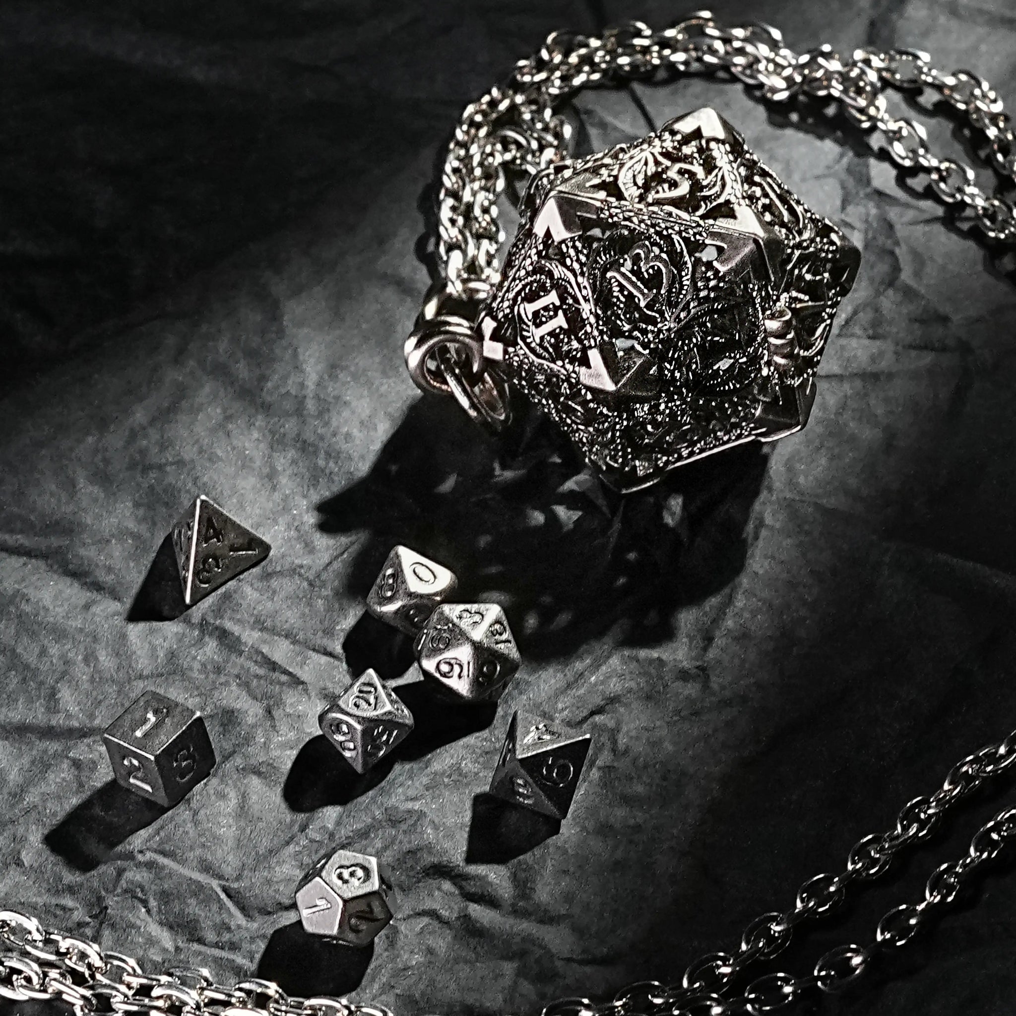 Nickel Metal Hollow D20 Dragon Dice Cage Necklace + Nickel DND Mini Metal Dice Set | Bear Dice