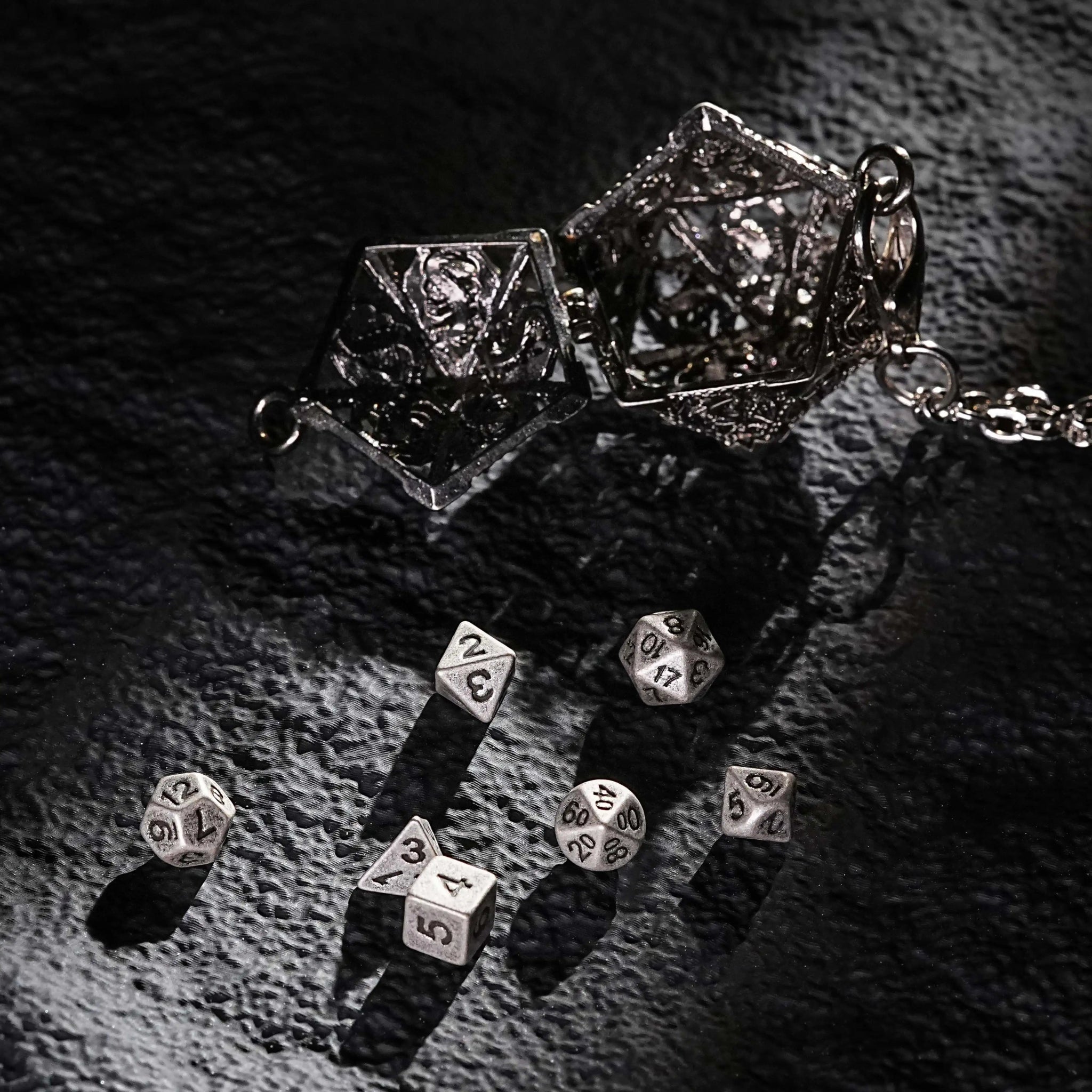 Nickel Metal Hollow D20 Dragon Dice Cage Necklace + Nickel DND Mini Metal Dice Set | Bear Dice