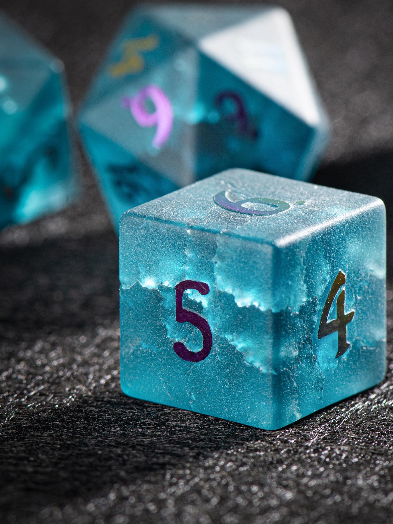 Blue Frosted Glass DND Dice Set with Crackle Finish + Electroplated Colorful Numbers