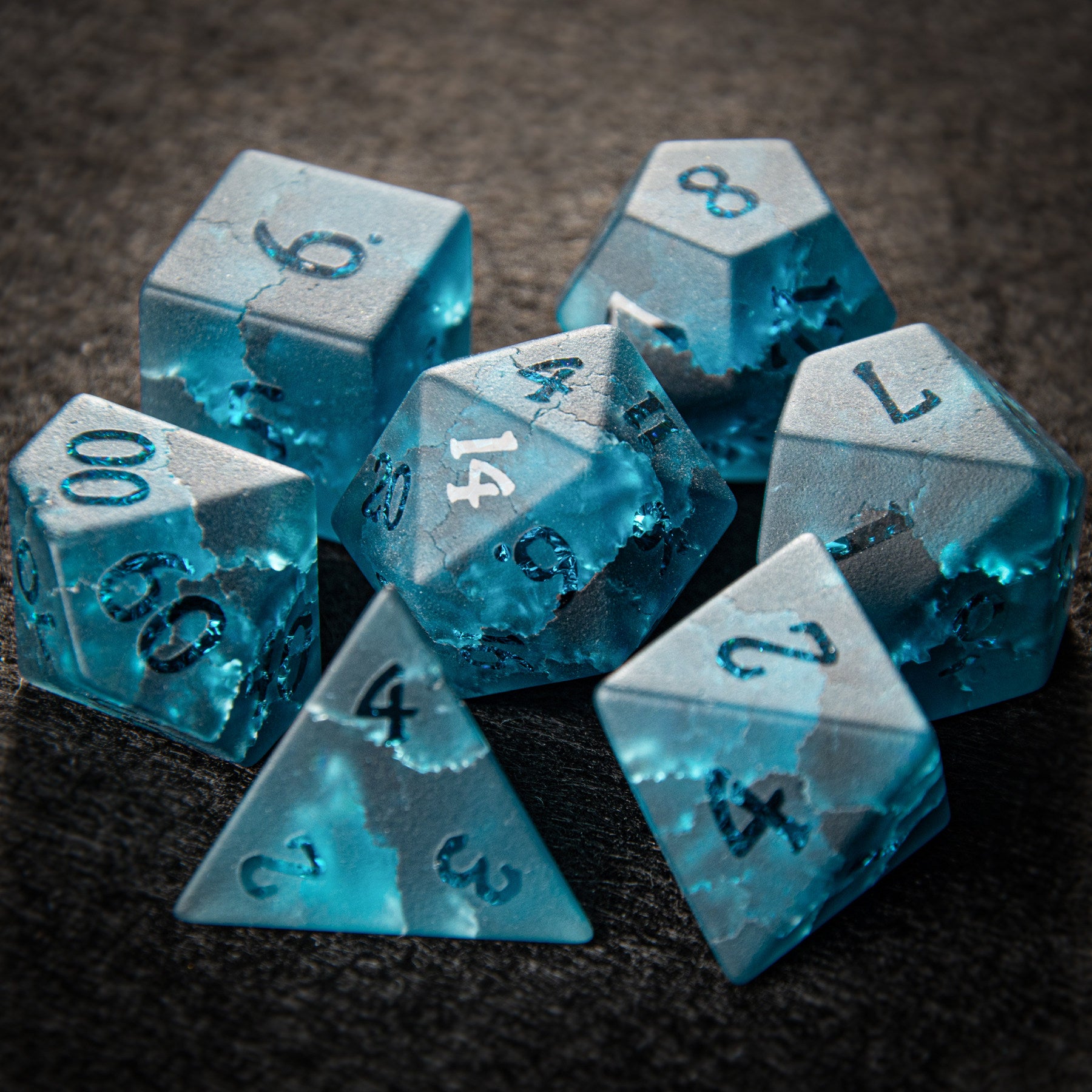Blue Frosted Glass DND Dice Set with Crackle Finish