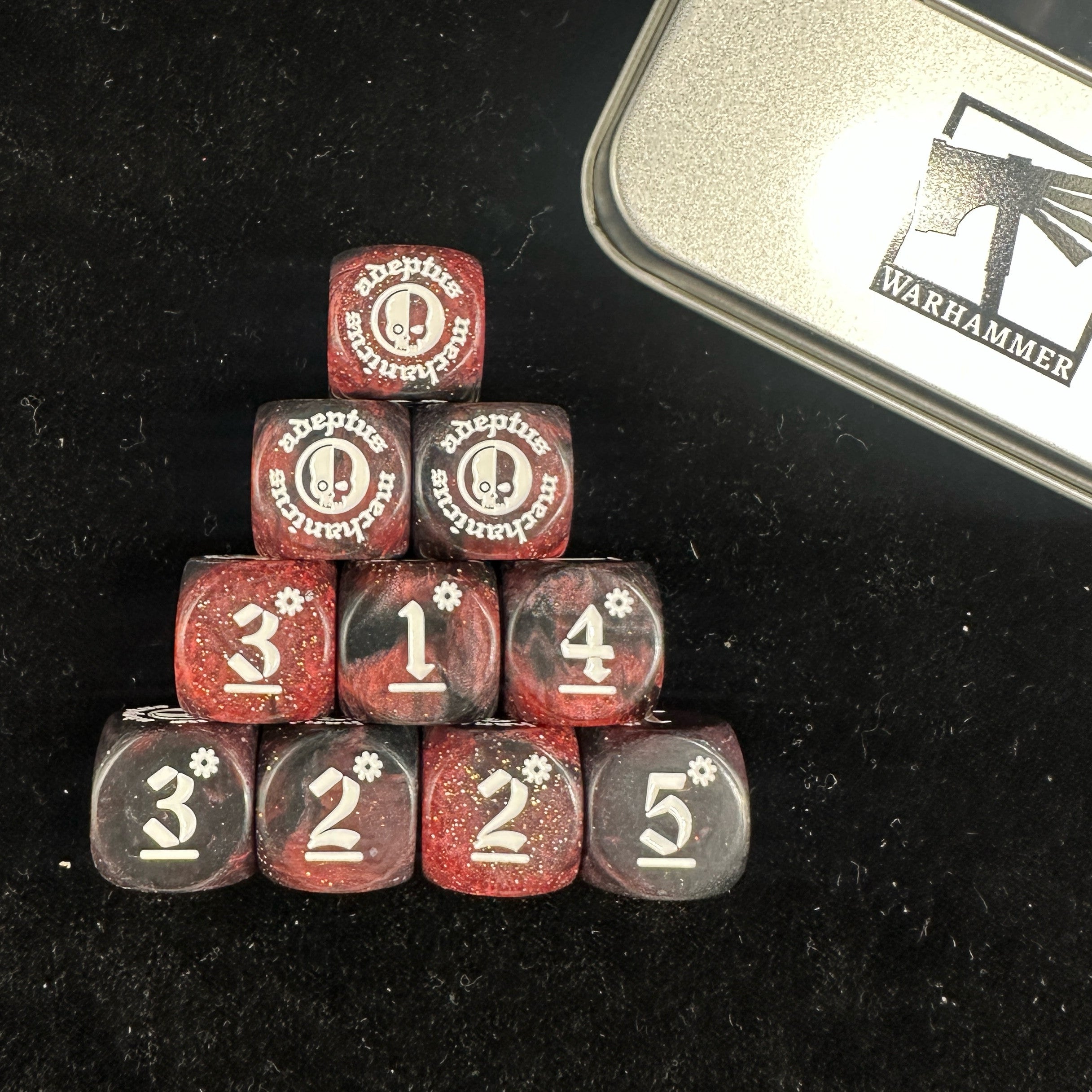 Warhammer 40K Adeptus Mechanicus D6 Dice – Black & Red Swirl Pearlescent Acrylic