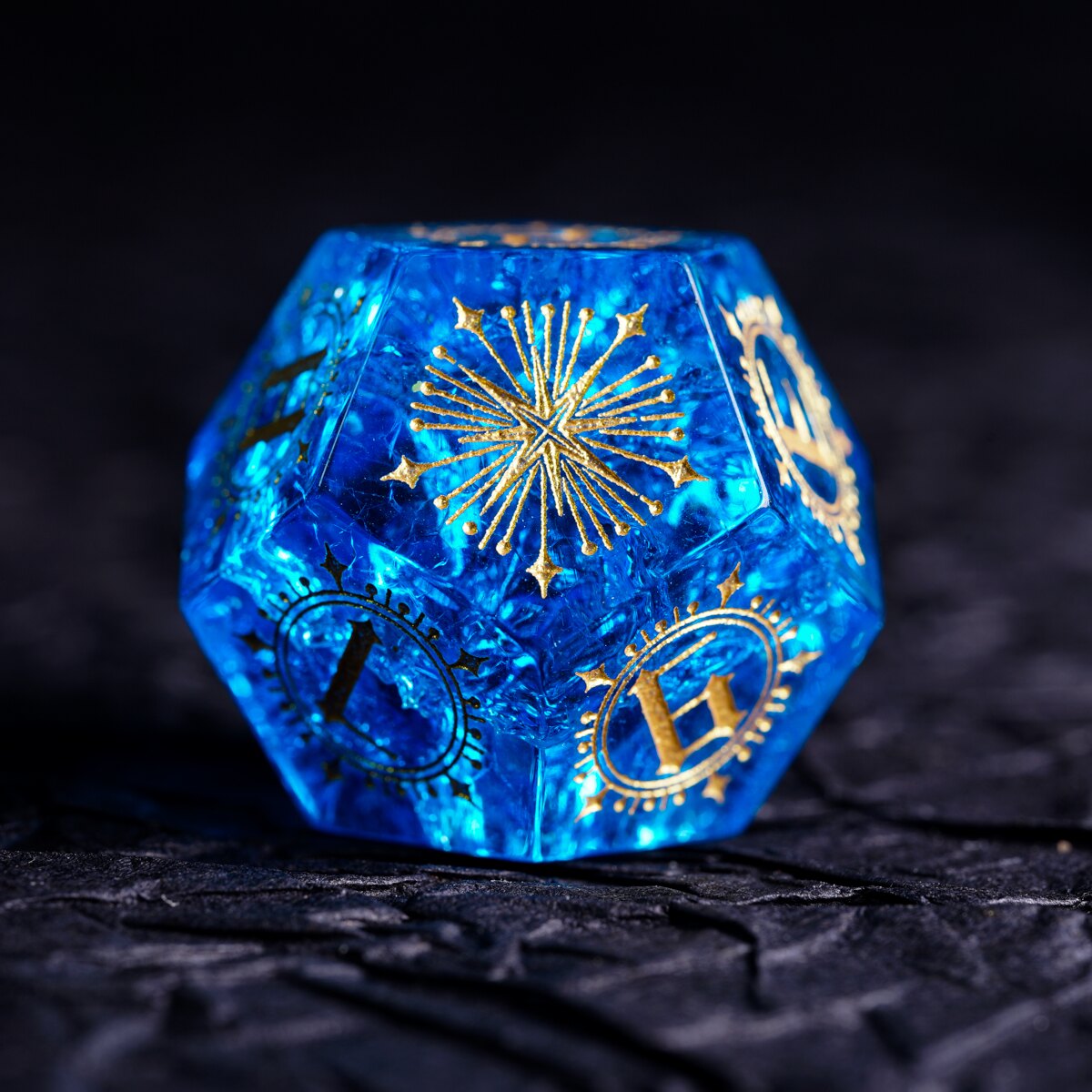 Royal Blue Star-Chart Rune Crackle Glass DND Dice Set