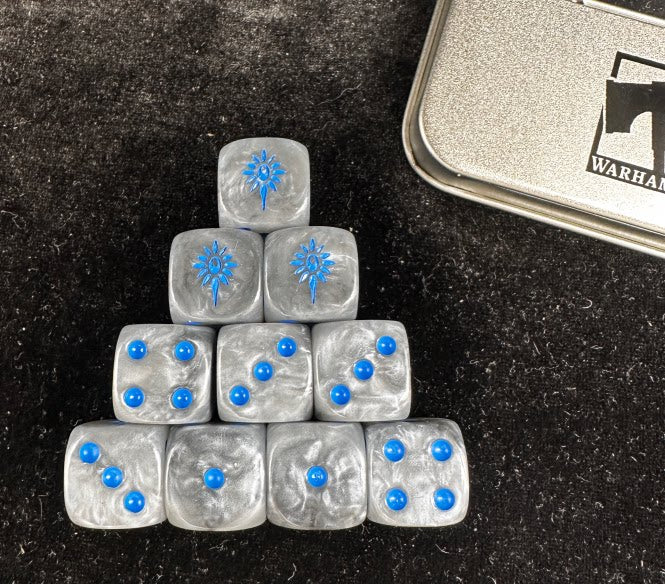 Warhammer Old World High Elf Realms Silver Blue Pearlescent Acrylic D6 Dice Set