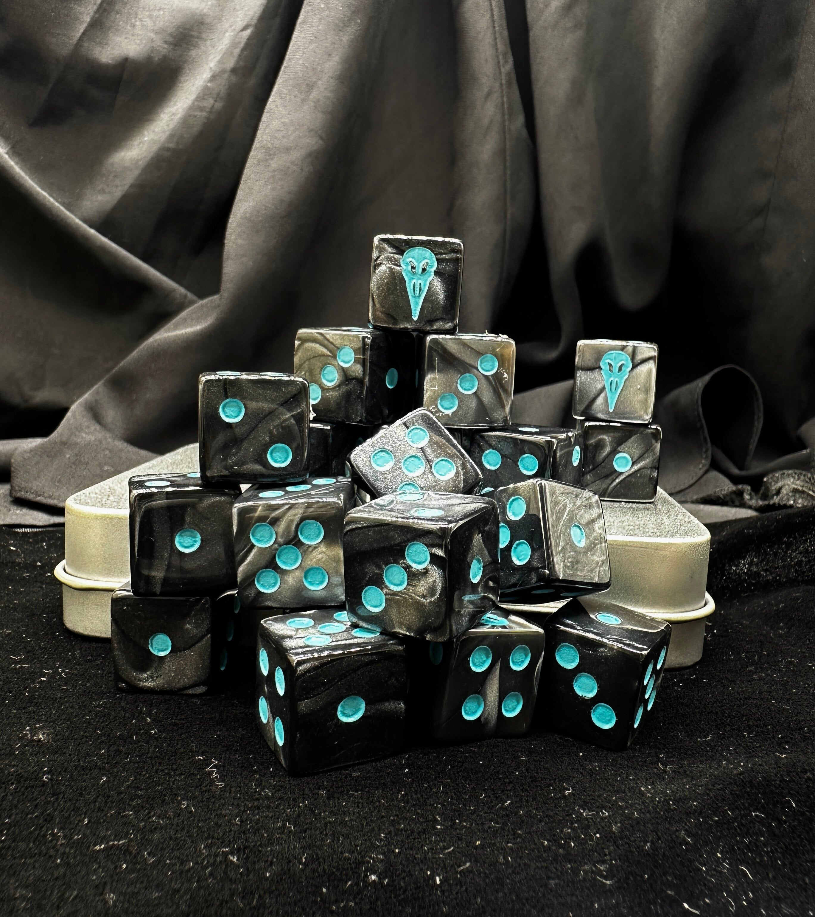 Warhammer 40K Raven Guard D6 Dice Set — Black Swirl Acrylic with Blue Pips