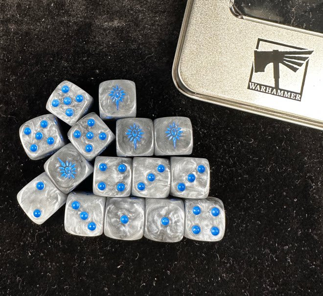 Warhammer Old World High Elf Realms Silver Blue Pearlescent Acrylic D6 Dice Set