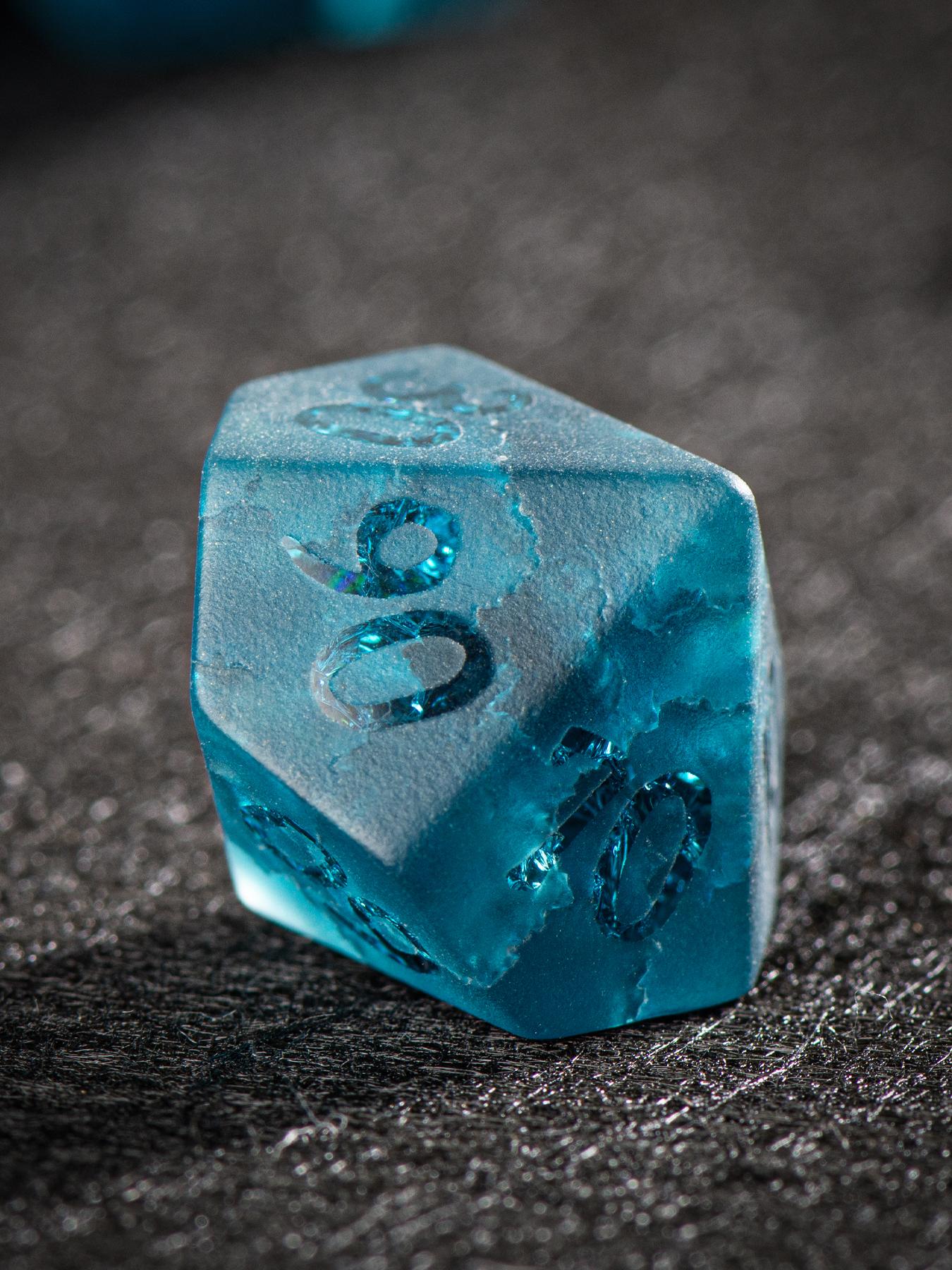Blue Frosted Glass DND Dice Set with Crackle Finish