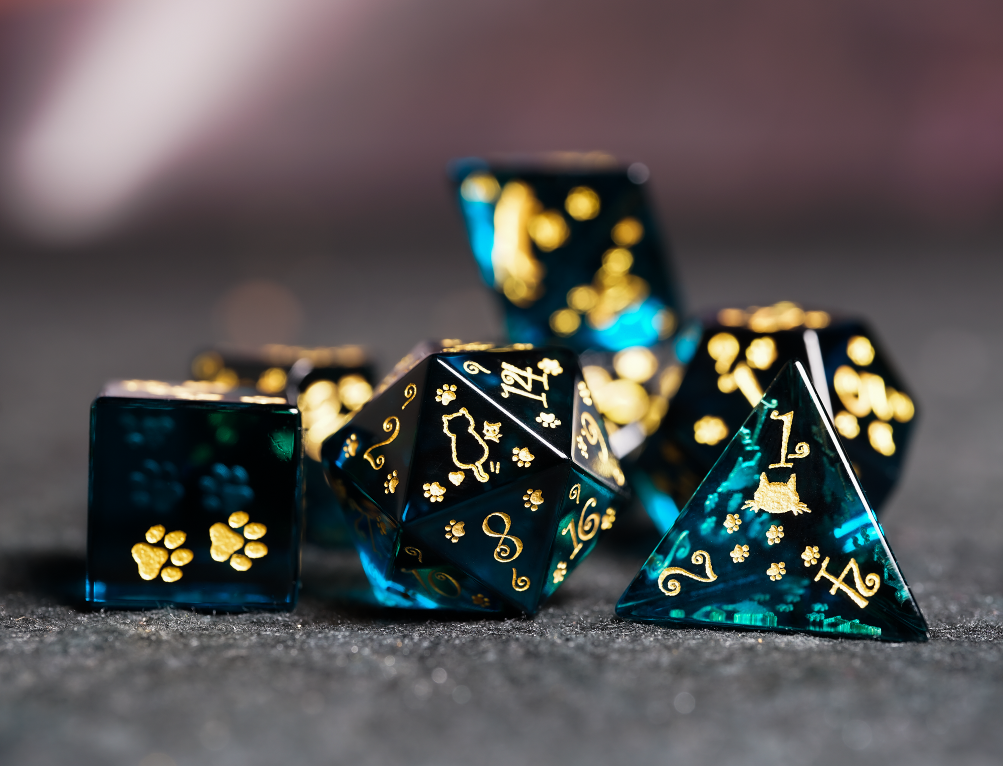 Blue Crystal Cat Theme DND Dice Set | Gem Dice for Cthulhu & Tabletop RPG