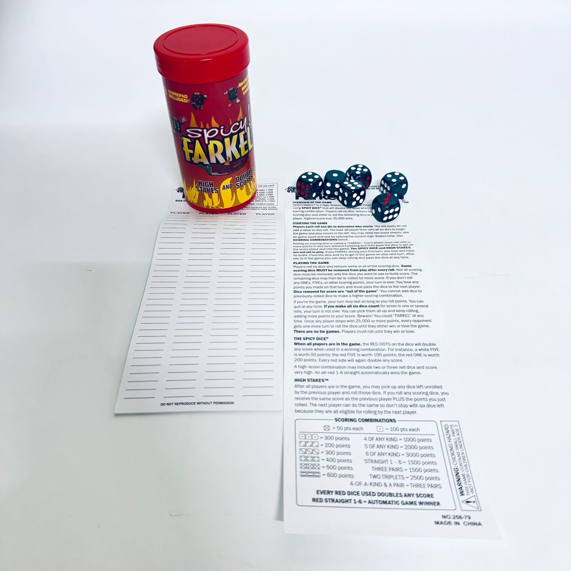 FARKEL Spicy Farkel Dice Game is a home and travel game featuring double scoring and roulette wheels