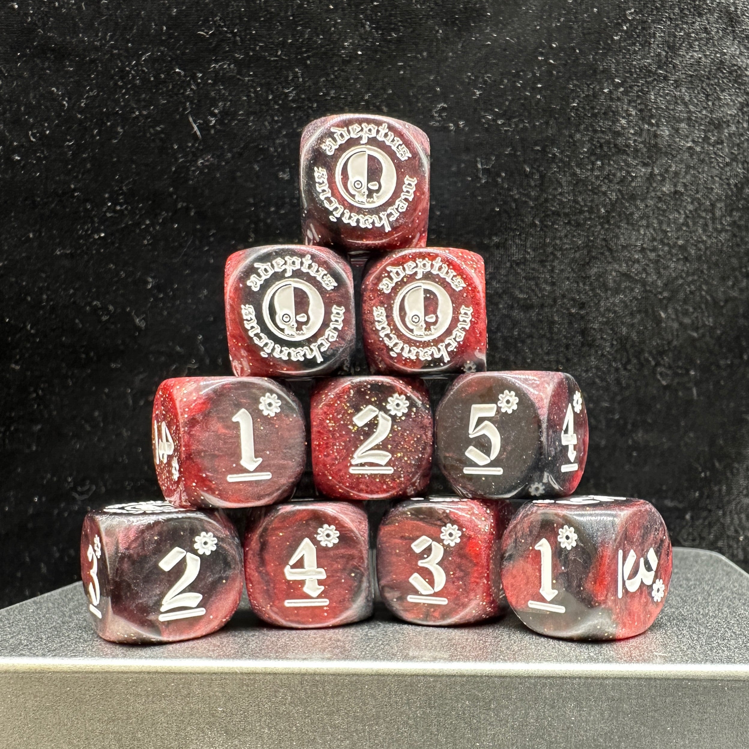 Warhammer 40K Adeptus Mechanicus D6 Dice – Black & Red Swirl Pearlescent Acrylic