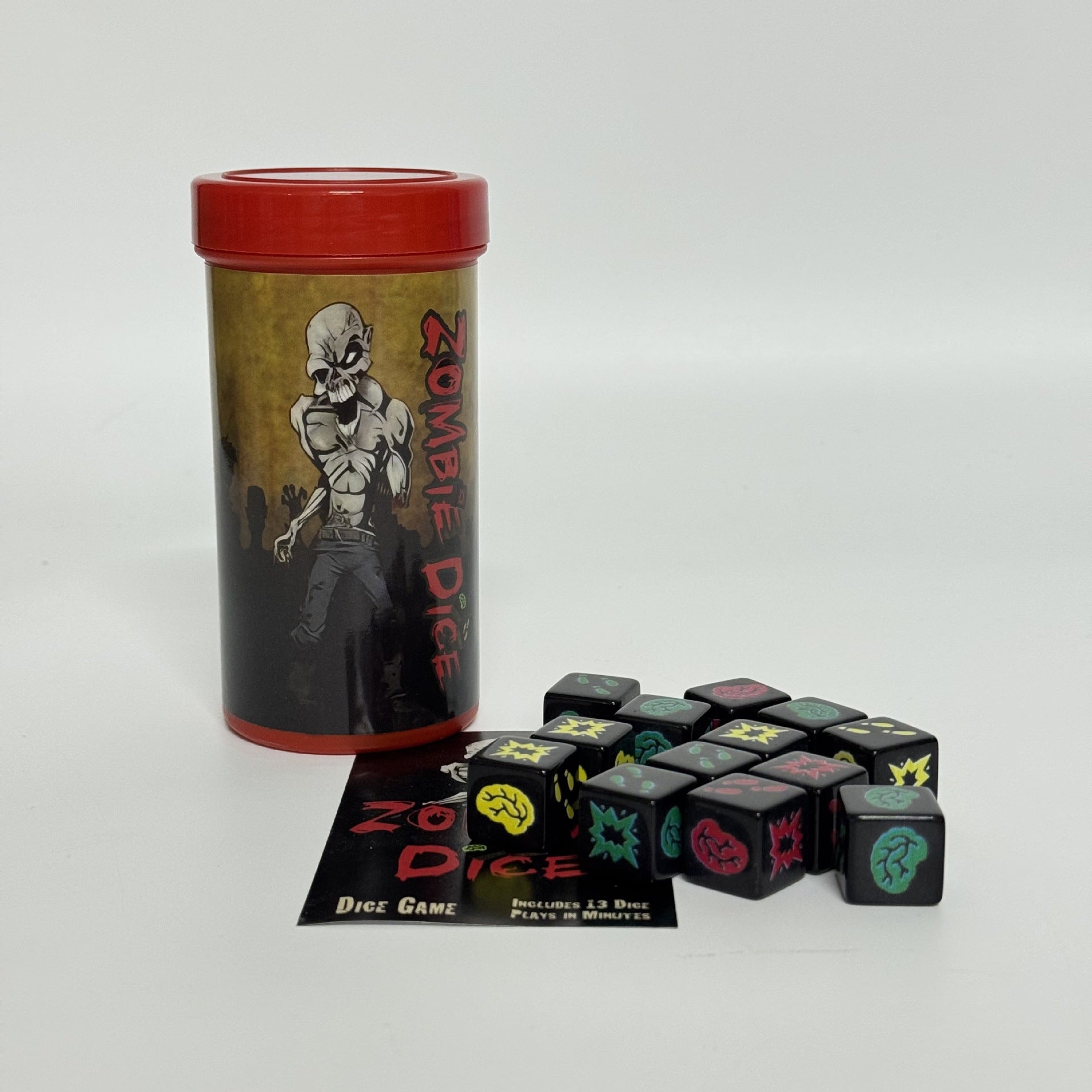 Zombie Dice Board Game Dice Set 13 dice with black background, simple and fun party game