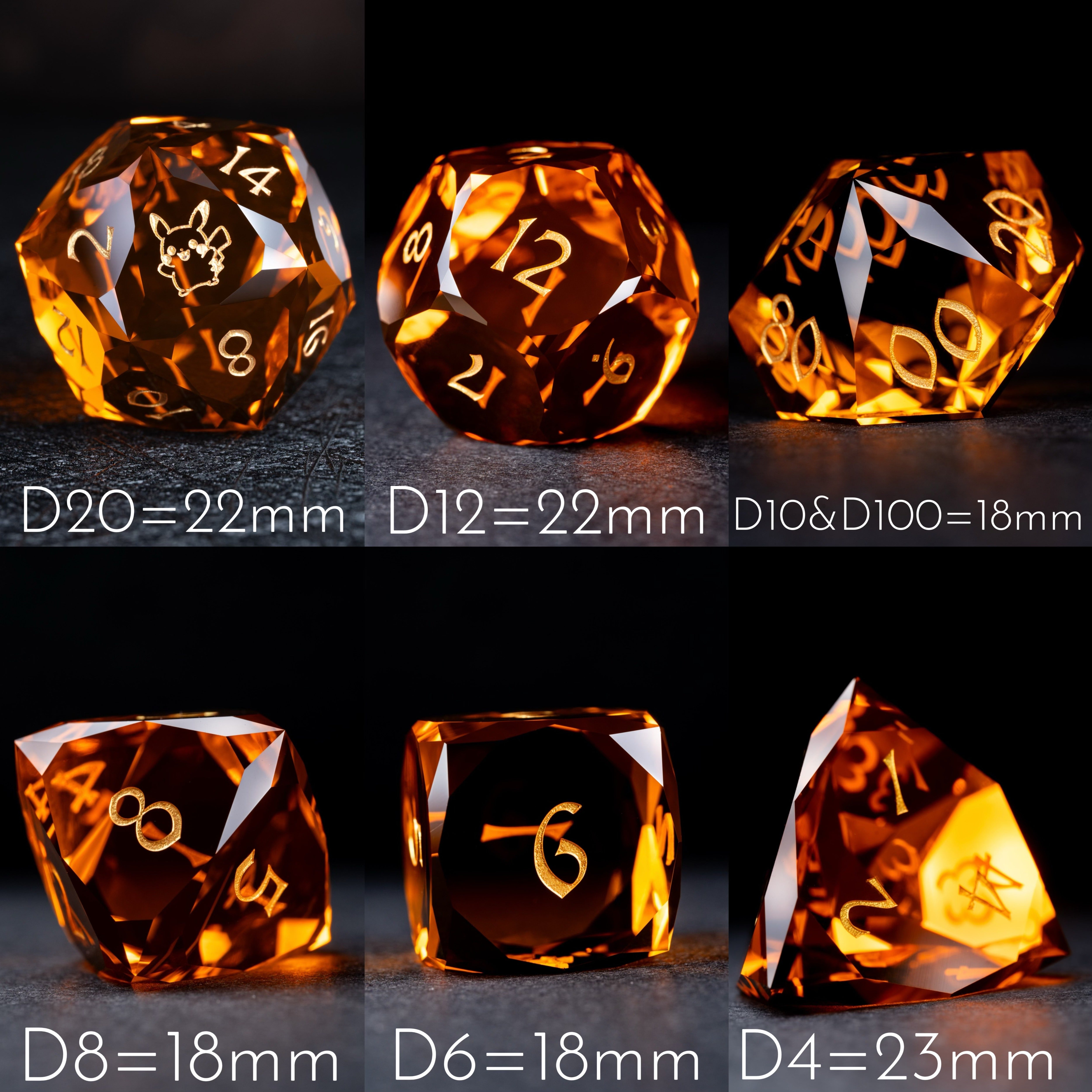 Pikachu Orange Glass DND Dice Set