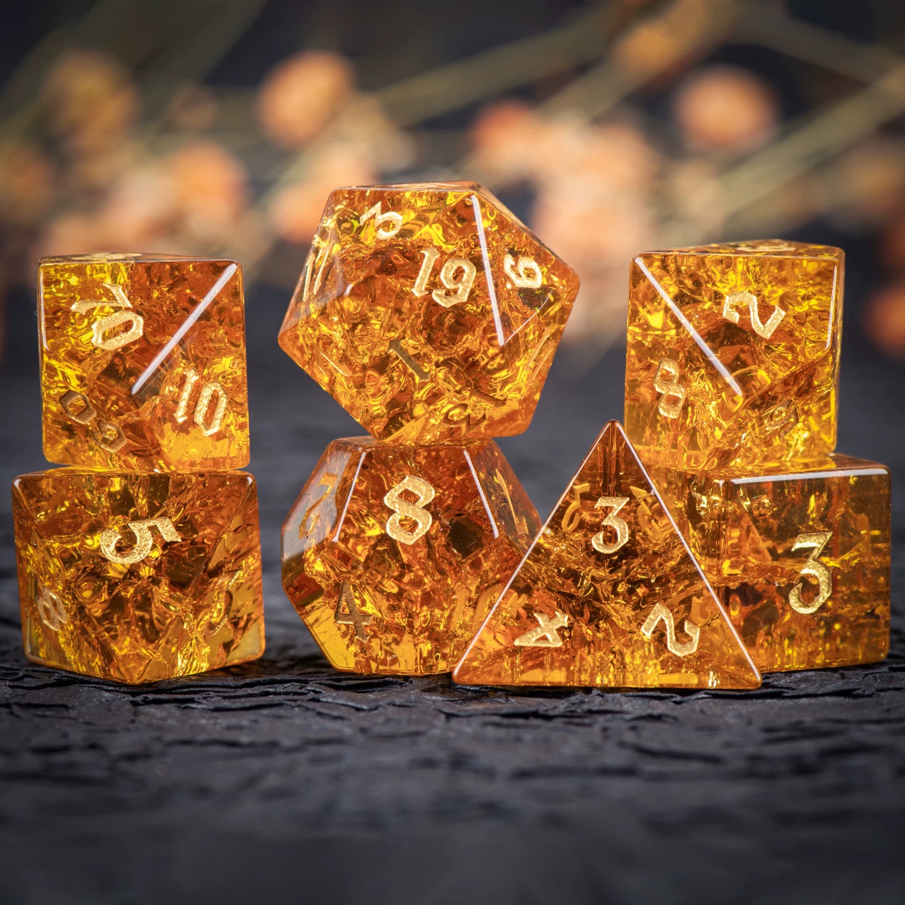 Amber Orange Crackle Glass DND Dice Set
