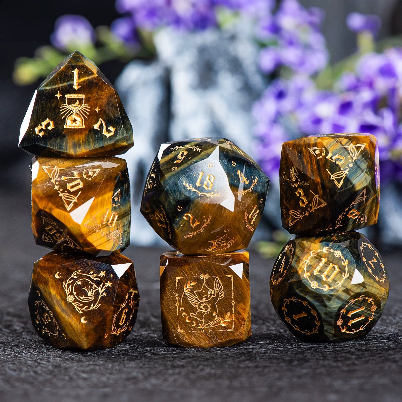 Cat-Themed Natural Tiger's Eye Dice Set