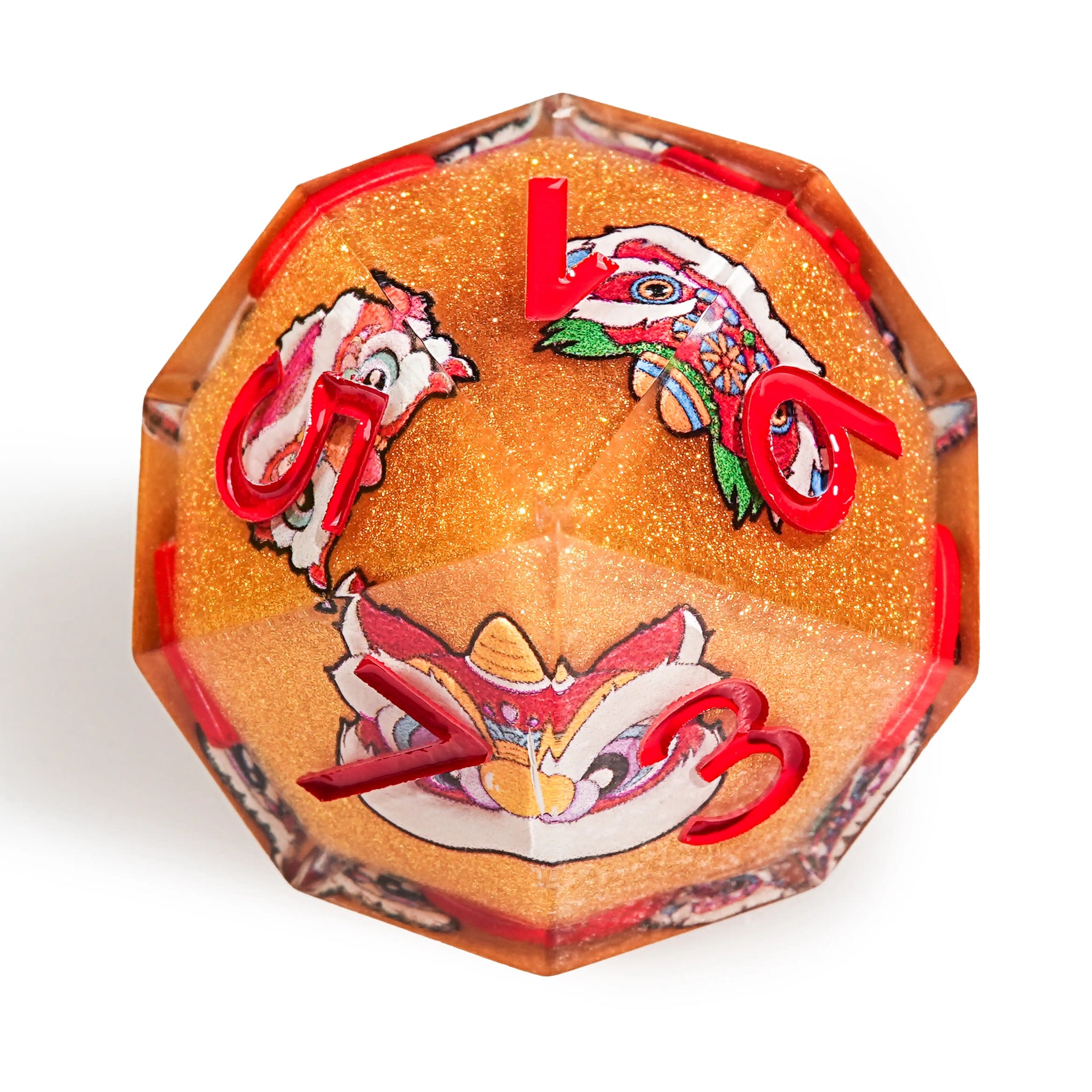 Oriental Style - Orange Glitter Resin Lion Dance DND D10 Dice with Red Numbers | Bear Dice