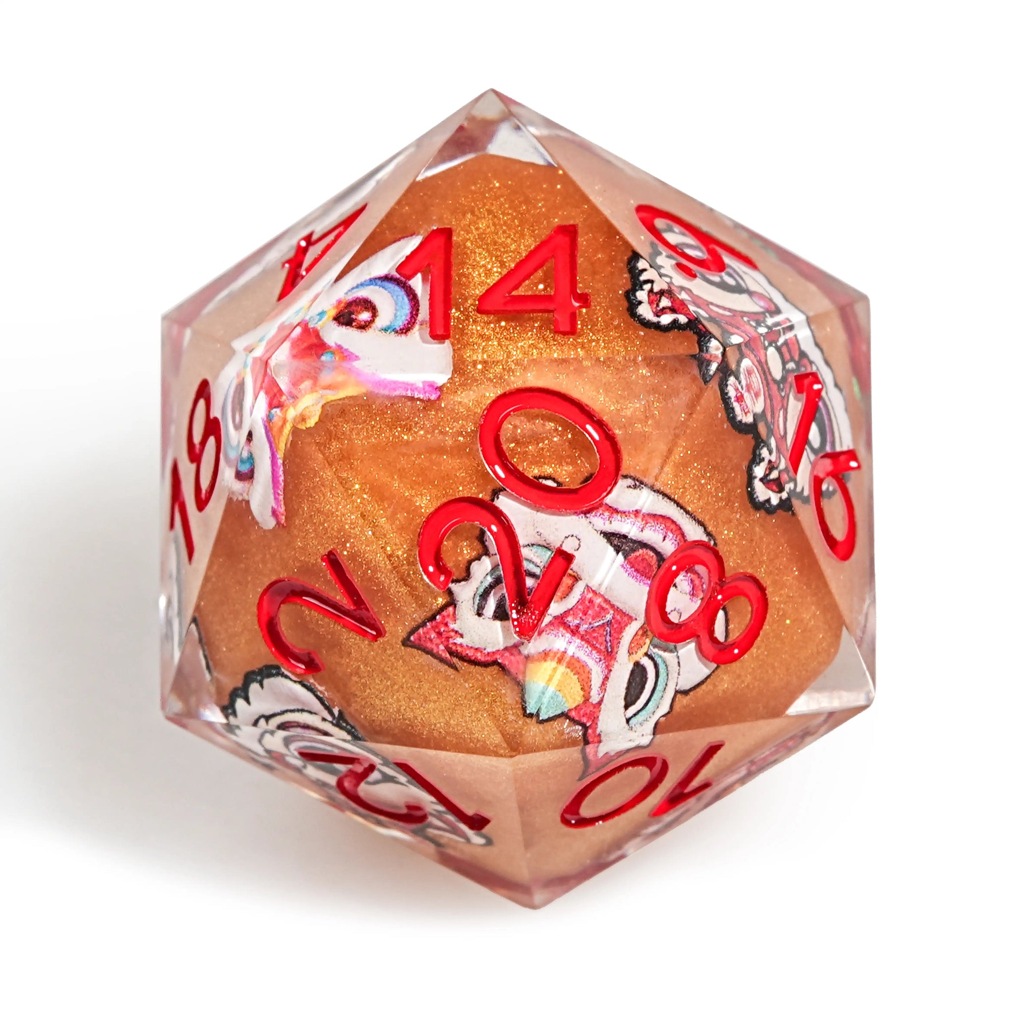 Oriental Style - Orange Glitter Resin Lion Dance DND D20 Dice with Red Numbers | Bear Dice