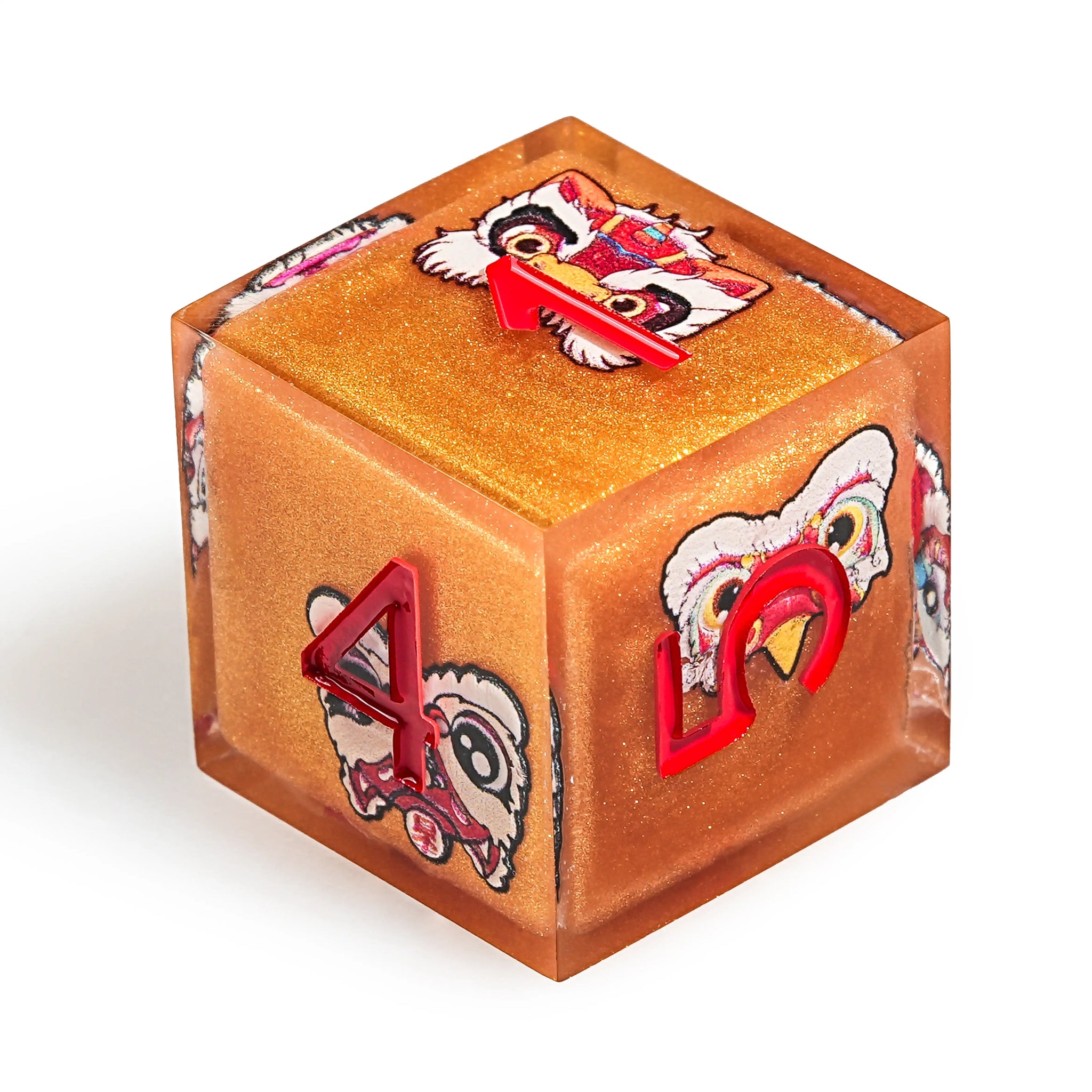 Oriental Style - Orange Glitter Resin Lion Dance DND D6 Dice with Red Numbers | Bear Dice