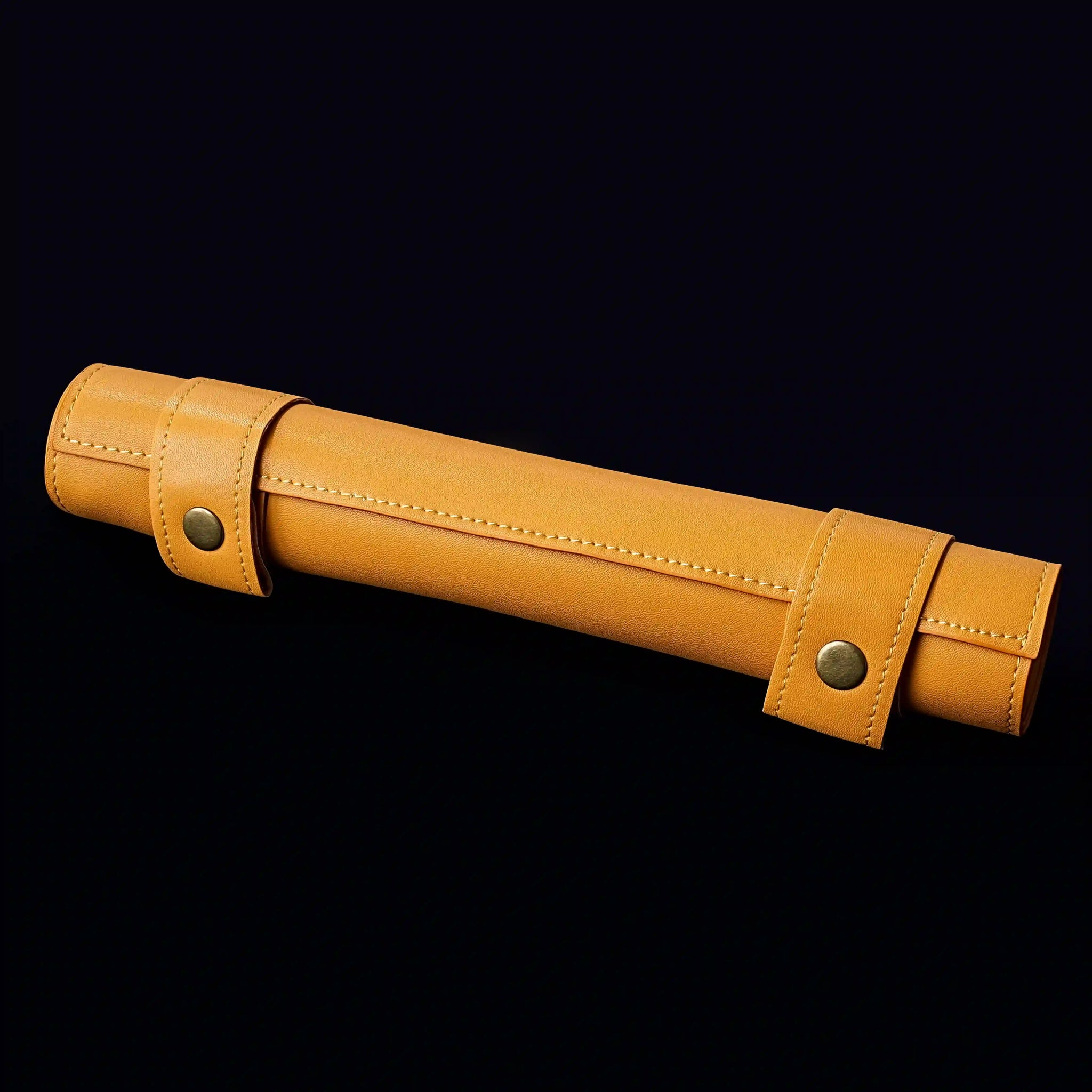 Orange leather dice mat, tray, and reel zippered dice bag with two orange button closures to secure the dice mat and reel | Bear Dice