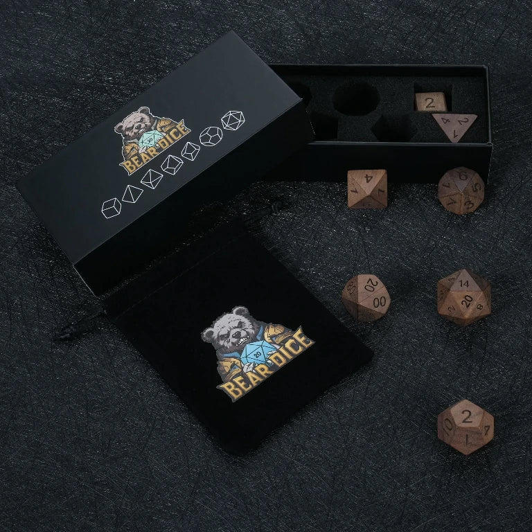 African Acid Wood Dice Set, includes a black velvet drawstring dice bag and a black dice box | Bear Dice