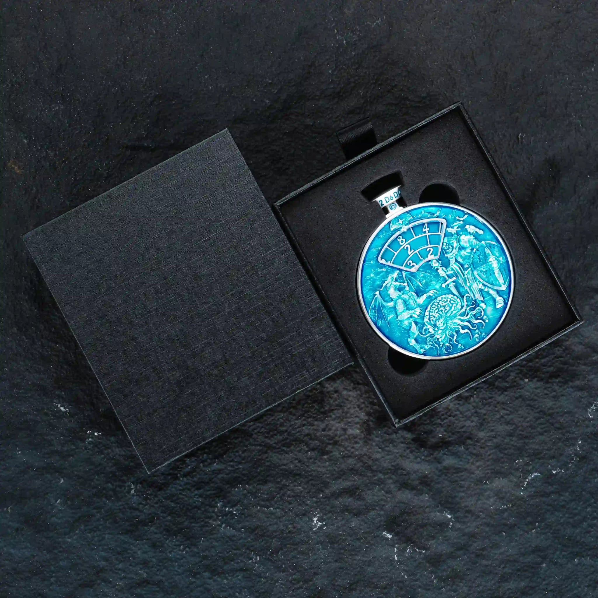 Unique 7-in-1 blue DND spinning dice pocket watch with a black foam-lined dice case | Bear Dice