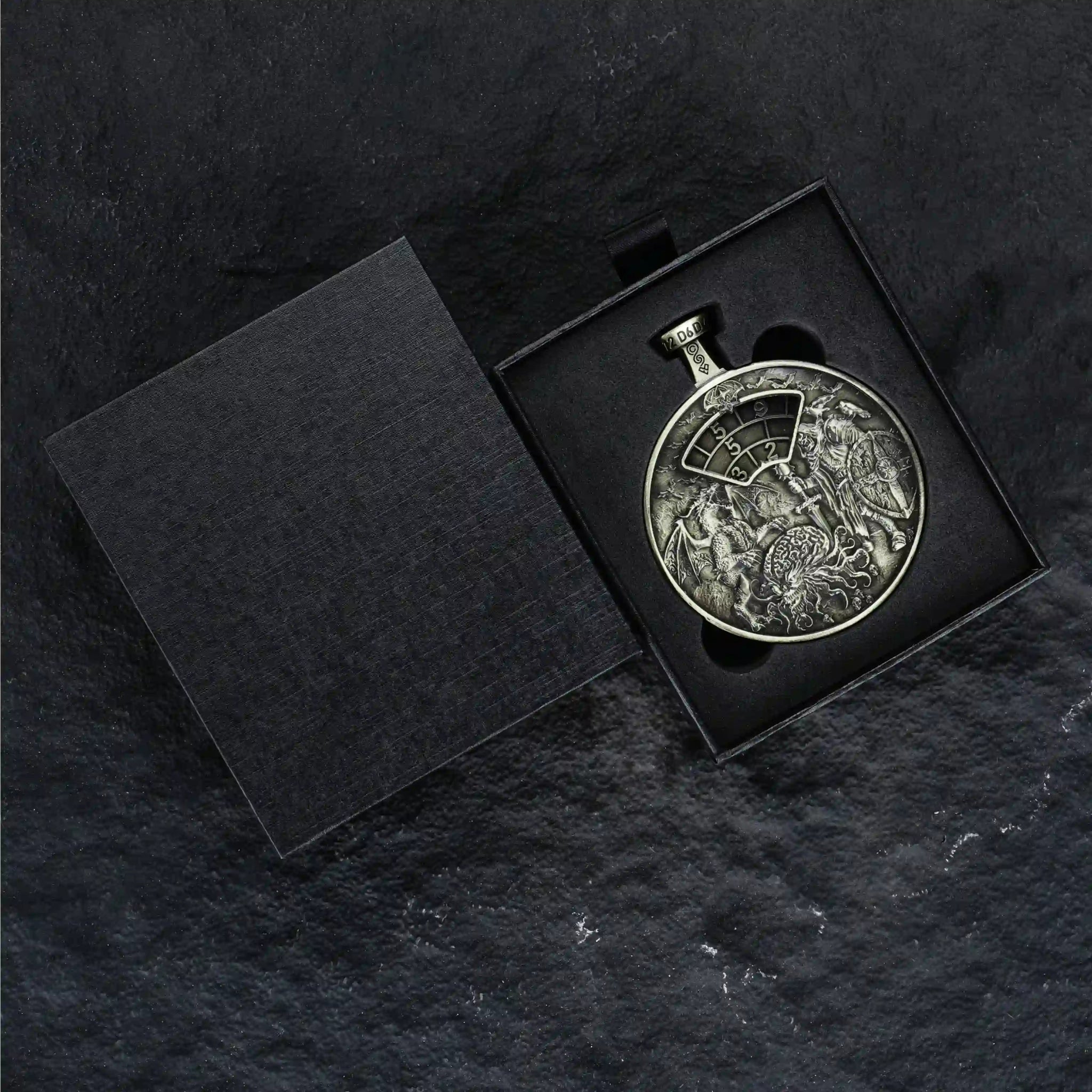 Unique 7-in-1 bronze DND spinning dice pocket watch with a black foam-lined dice box | Bear Dice