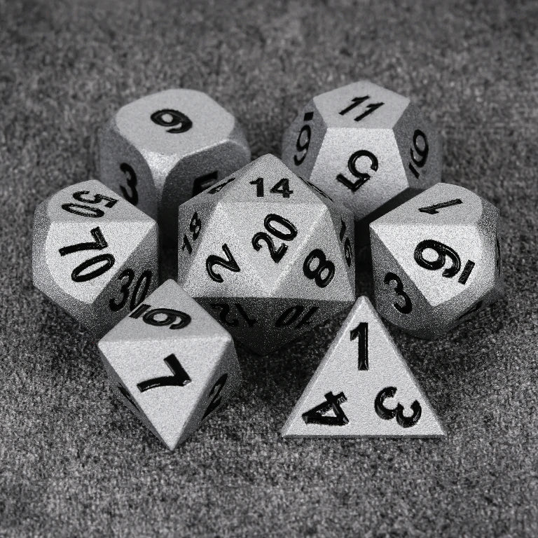 Paladin Bright Silver Metal D&D Dice Set with Black Numerals | Bear Dice