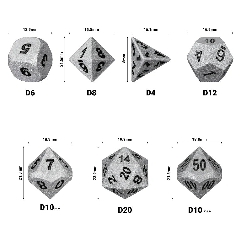 Paladin Bright Silver Metal D&D Dice Set Dimensions: D6 ≈ 13.9mm; D8 ≈ 21.5mm; D4 ≈ 18mm; D12 ≈ 16.9mm; D10/D% ≈ 21.8mm; D20 ≈ 23.9mm. | Bear Dice