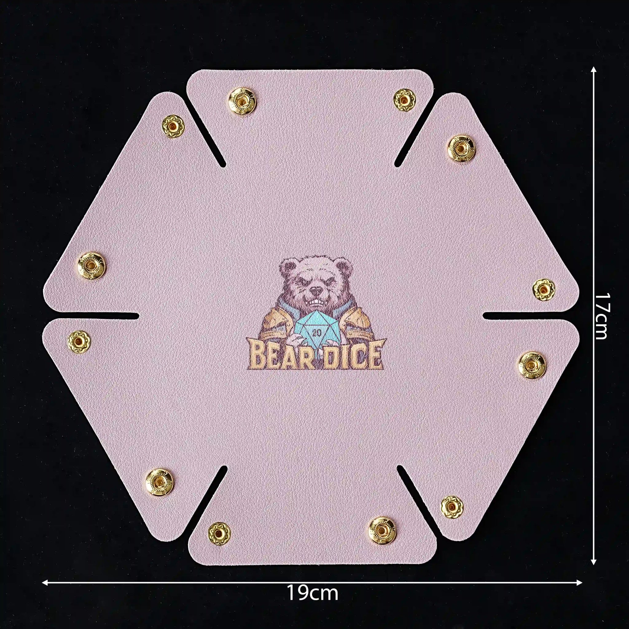 Pink snap-on semi-circular leather DND dice tray measures 19cm long and 17cm wide when unfolded | Bear Dice