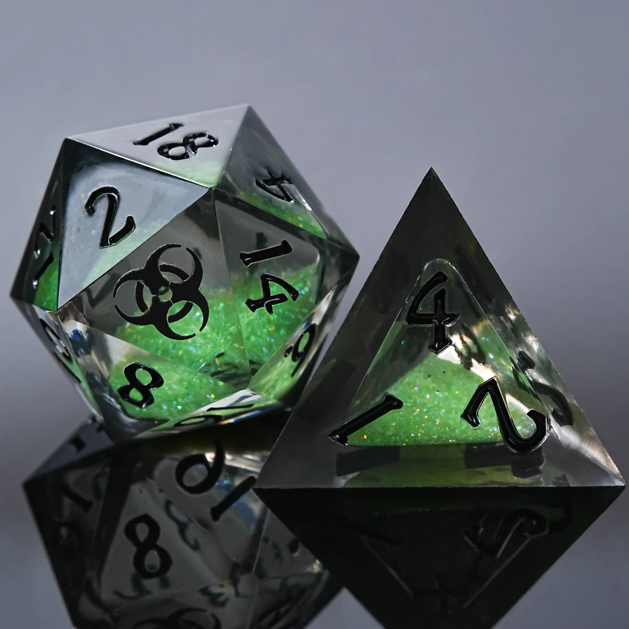 Kickstarter Dice - Plague Elixir Green Liquid Core Resin DND D20 and D4 Dice, Black Font | Bear Dice