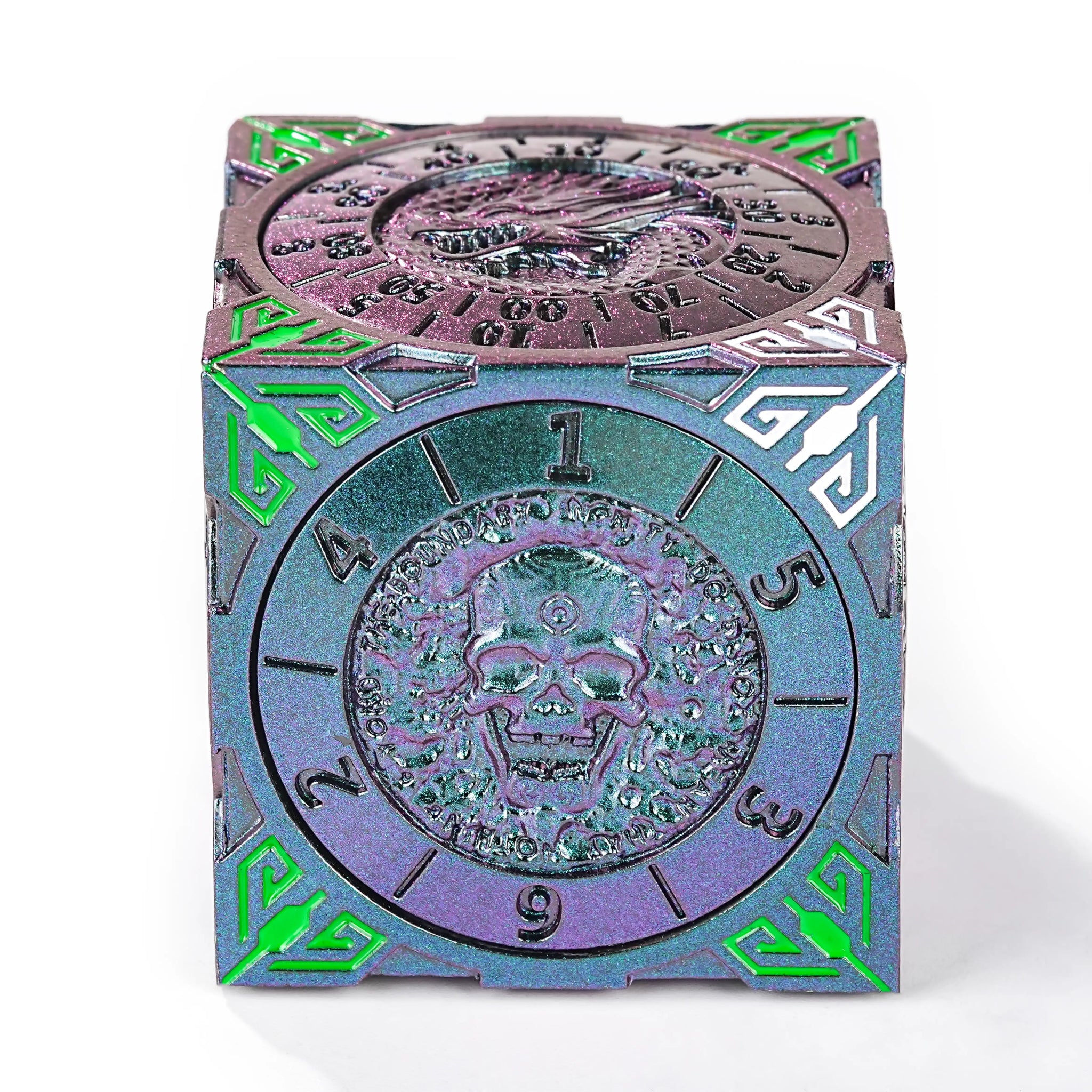 Cool Desktop Spinner Dice: Purple-Green 7-in-1 Solid Metal Cube with Circular Spinning Roulette-Style Faces | Bear Dice