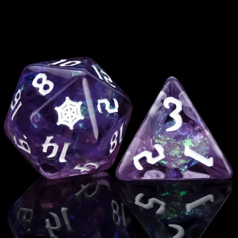 Kickstarter Trickster Dice - Purple Resin Spiderweb DND D20 and D4 Dice, White Numbers | Bear Dice