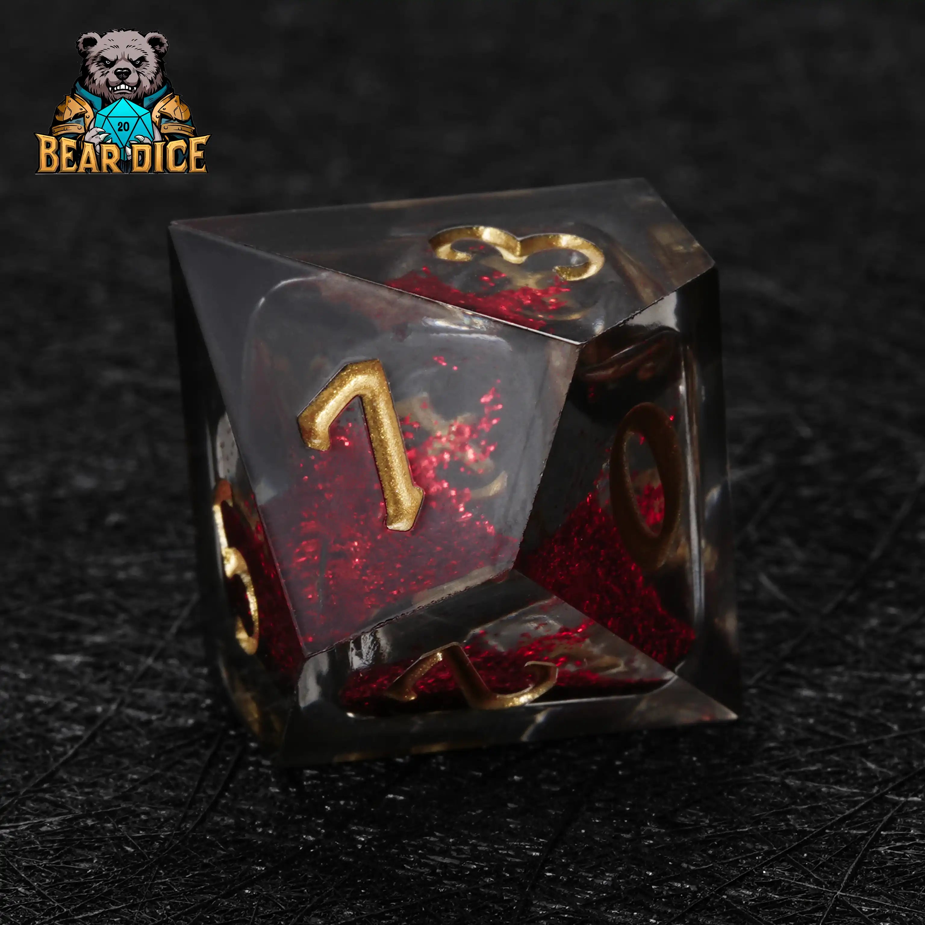 Vampire Red Liquid D10 Dice single pack with gold numbers in black velvet pouch for RPG players|Bear Dice