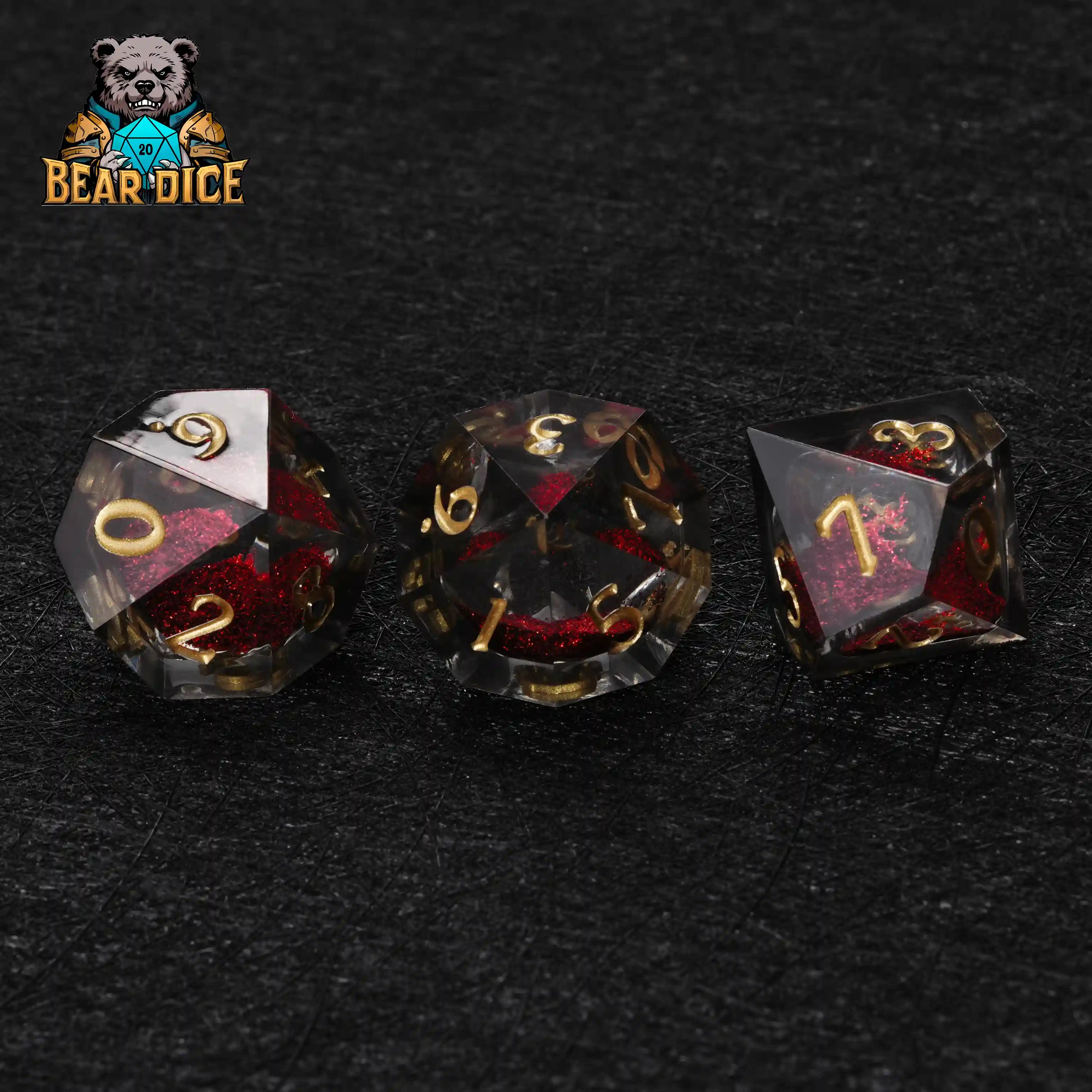 Three Vampire Red Liquid D10 dice with gold numbers in black velvet pouch for tabletop RPGs|Bear Dice