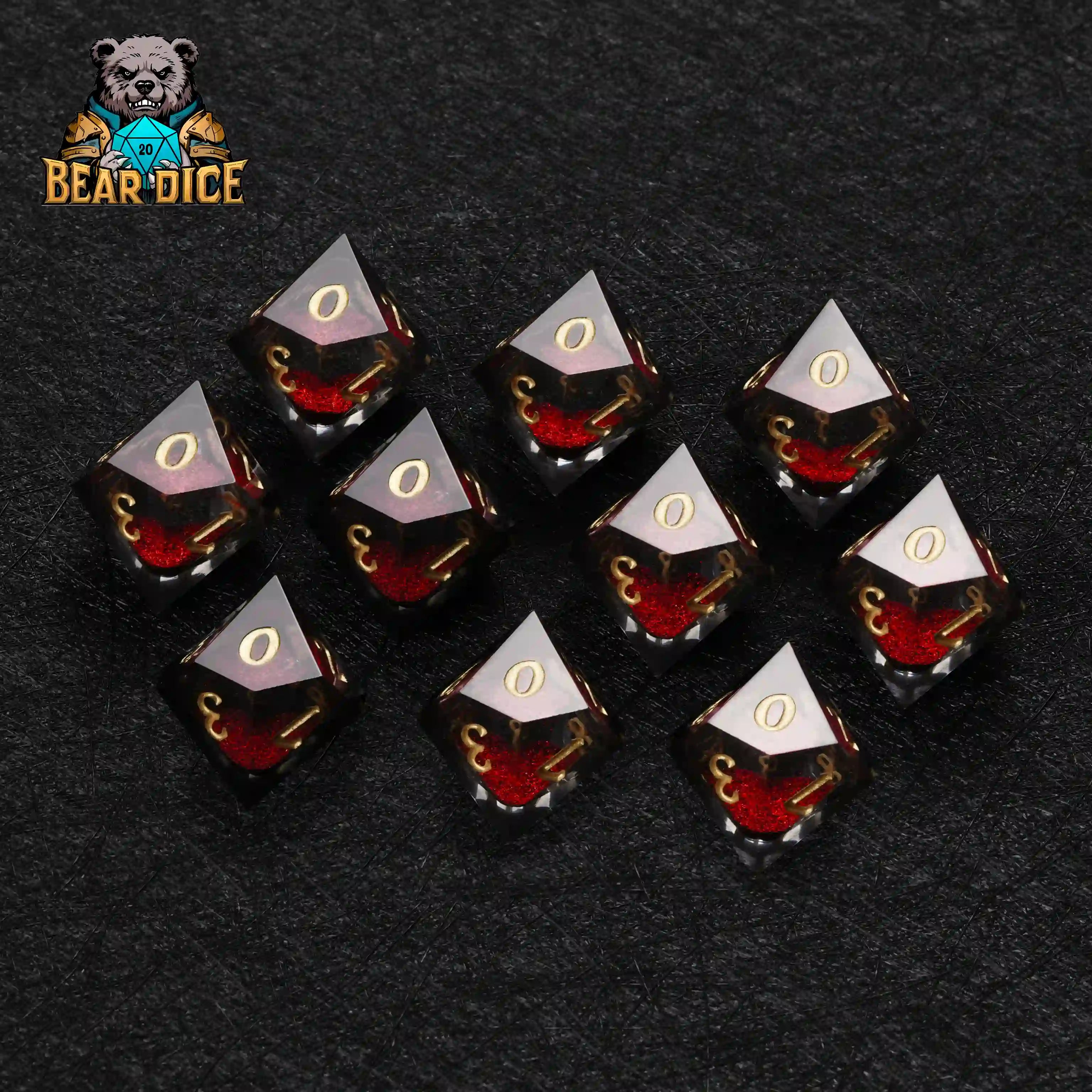 Ten Vampire Red Liquid D10 dice set with gold numbers in black velvet pouch for RPG enthusiasts|Bear Dice