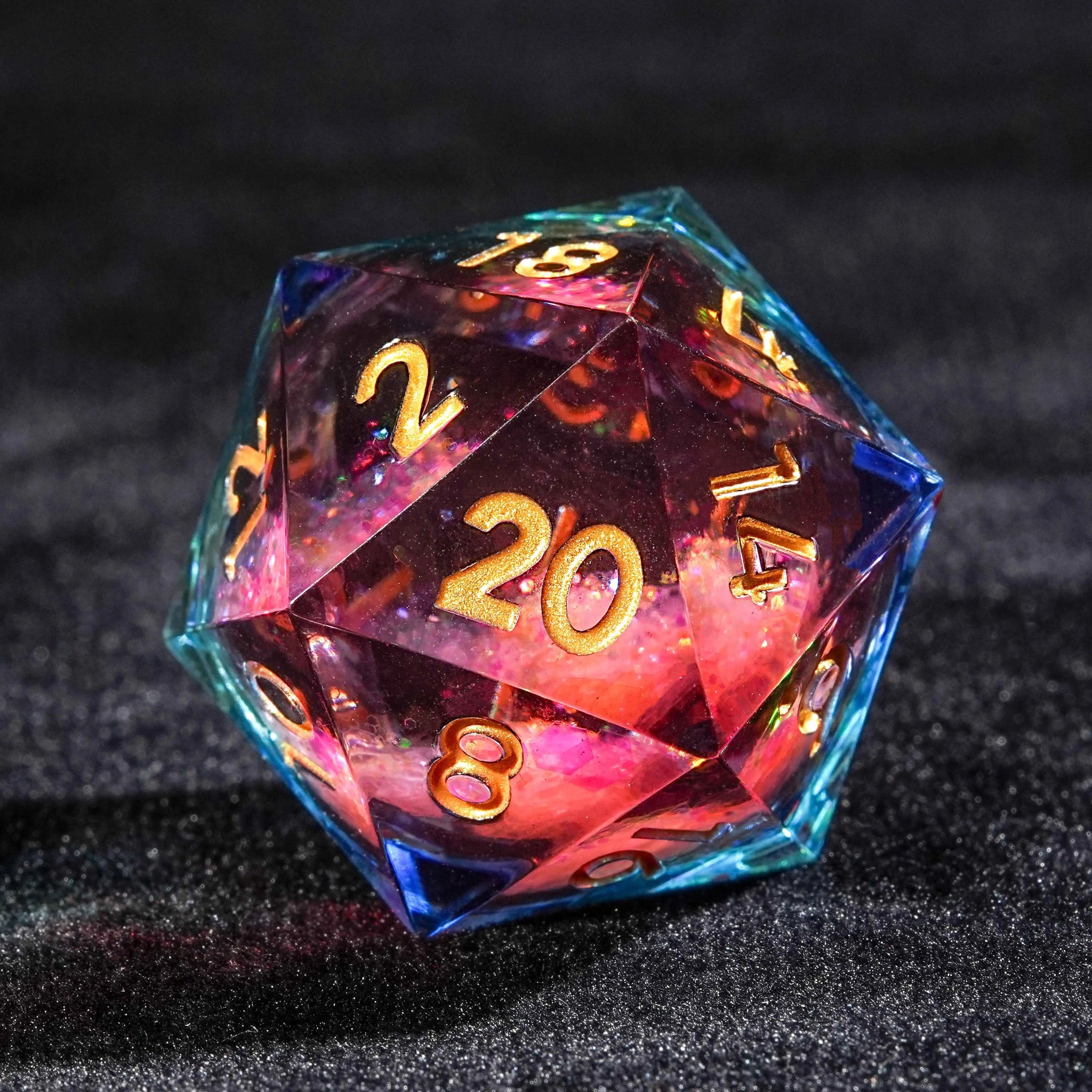 Red and blue resin colored glitter liquid core DND D20 dice with gold font | Bear Dice