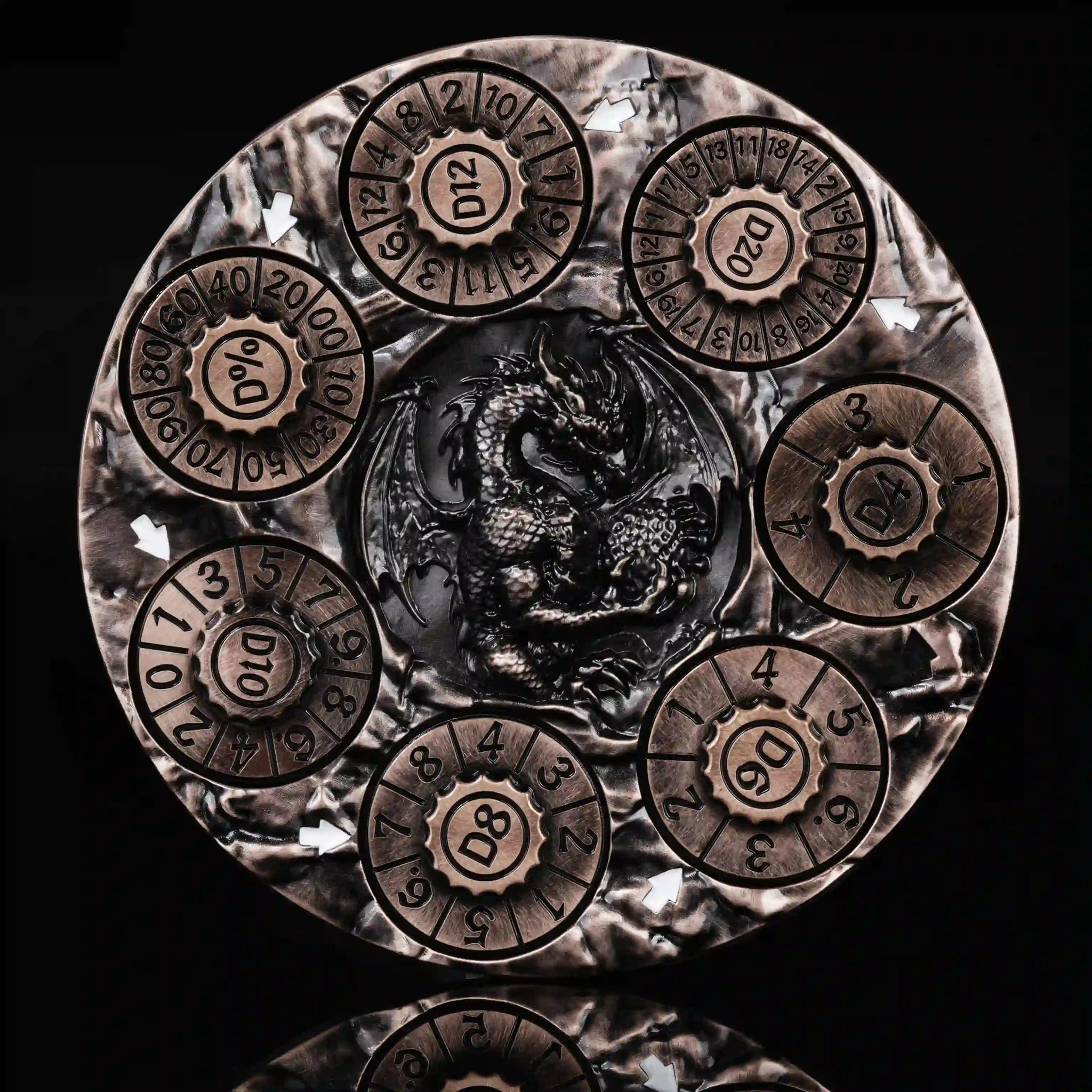 Unique Dice Spinner: Red copper 7-in-1 metal 3D embossed dragon DND spinning wheel dice, black numbers | Bear Dice