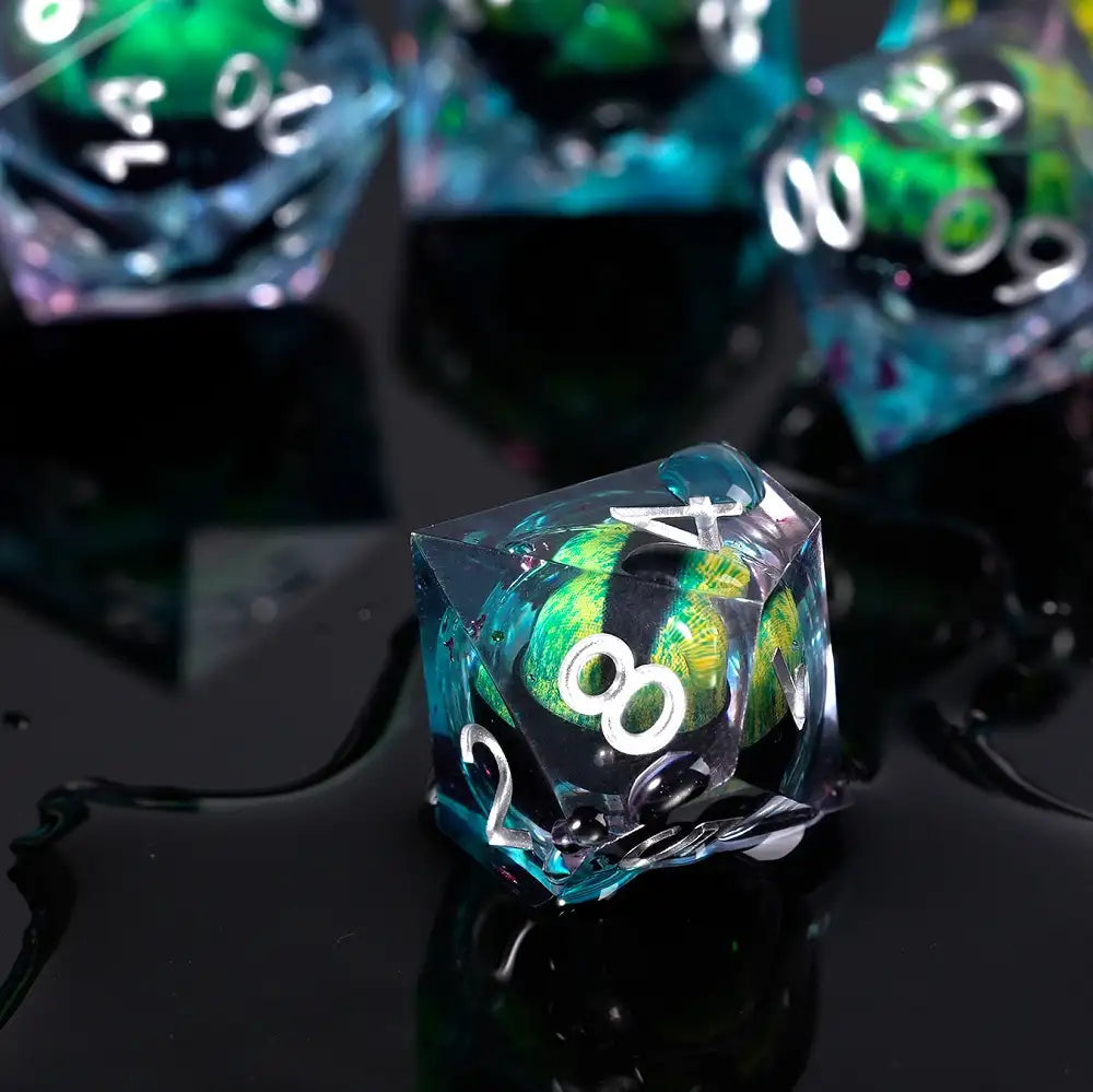 Green Dragon's Eye Liquid Core Blue and Purple Resin DND D10 Dice + Silver Font | Bear Dice