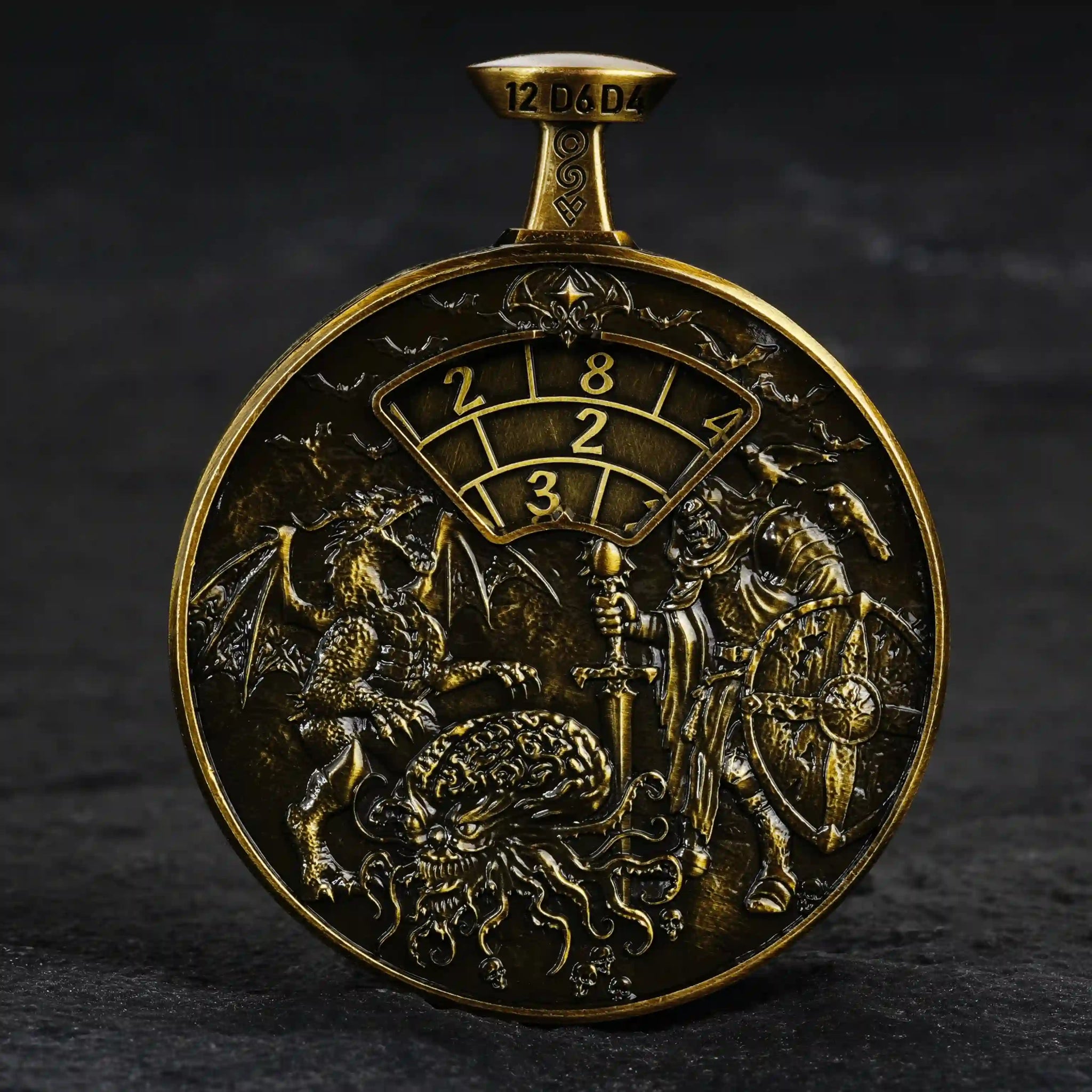 Reverse view of the unique 7-in-1 antique gold DND spinning dice pocket watch: embossed images of Hearteater, dragons, etc. | Bear Dice