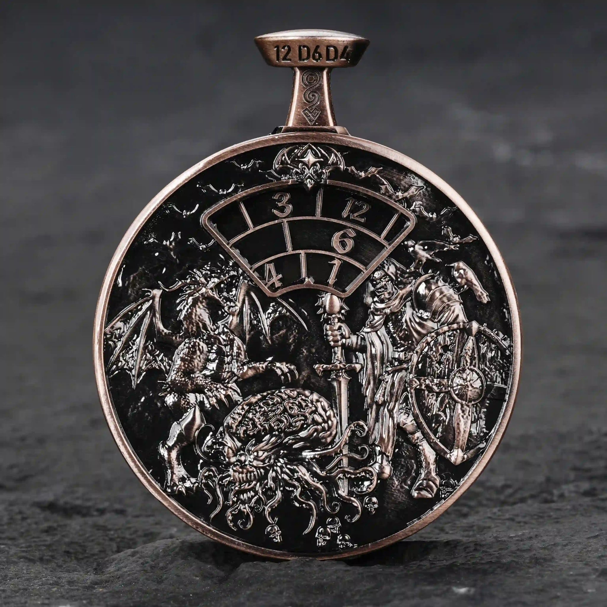 Unique 7-in-1 Copper Metal DND Spinning Dice Pocket Watch: Reverse side display - Embossed images of Hearteater, Dragon, etc. | Bear Dice