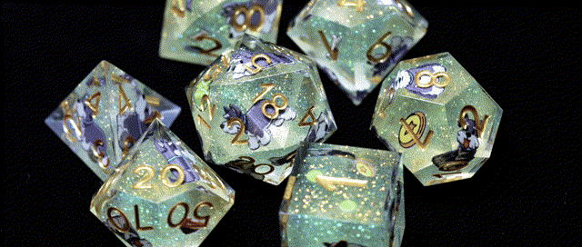 Animated GIF of Canine Legends Schnauzer Resin DND Dice Set, sharp-edged polyhedral dice with light blue base, embedded miniature Schnauzer dog figurines and golden paw print details, ideal for Dungeons & Dragons and tabletop RPGs.