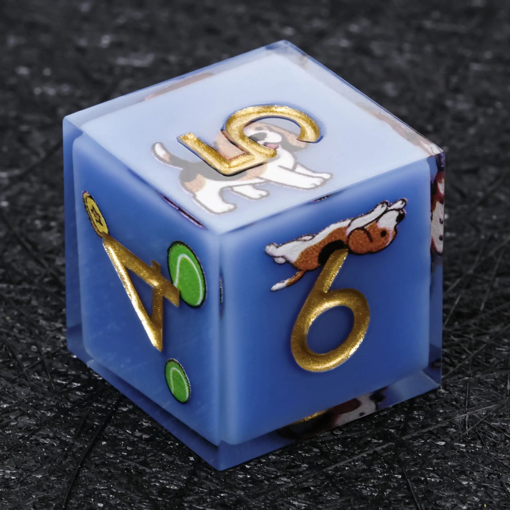 Kickstarter Dice – Sharp-Edged Blue Resin Beagle DND D6 Dice with Gold Numbers | Bear Dice