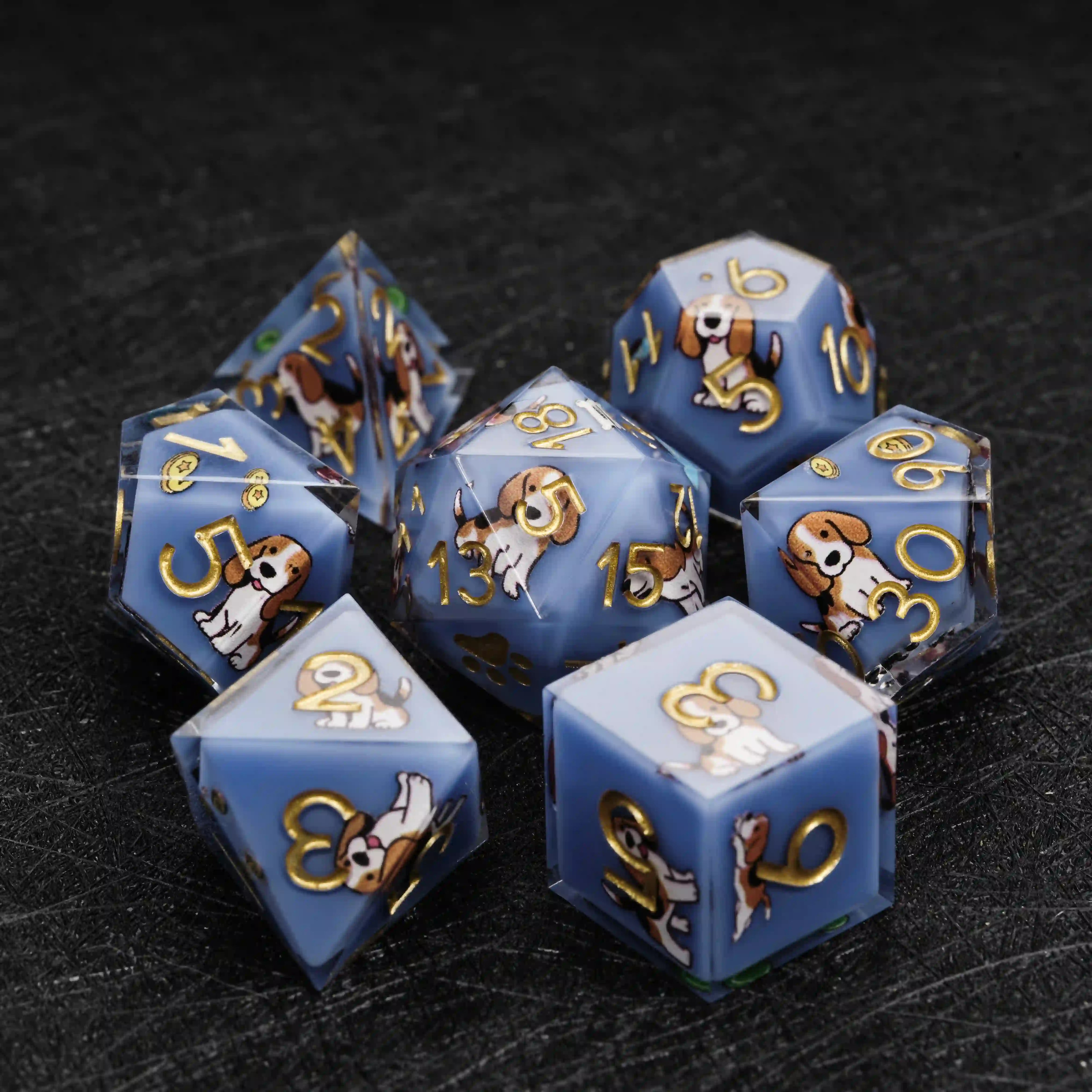 Kickstarter Dice – Sharp-Edged Blue Resin Beagle DND Dice Set | Bear Dice