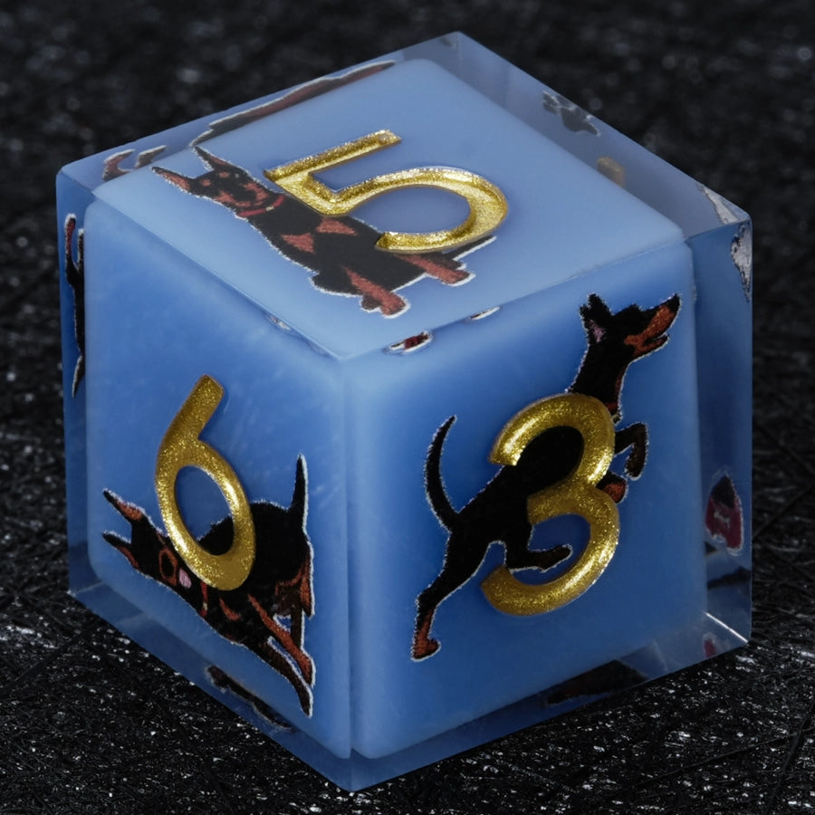 Kickstarter Dice – Handcrafted Sharp-Edged Blue Resin Doberman DND D6 Dice | Bear Dice
