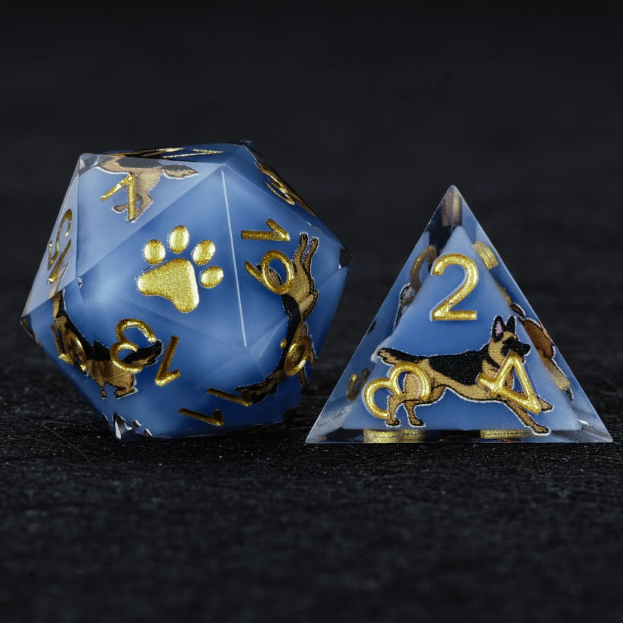 Kickstarter Dice – Sharp-Edged Blue Resin German Shepherd DND D20 and D4 Dice | Bear Dice