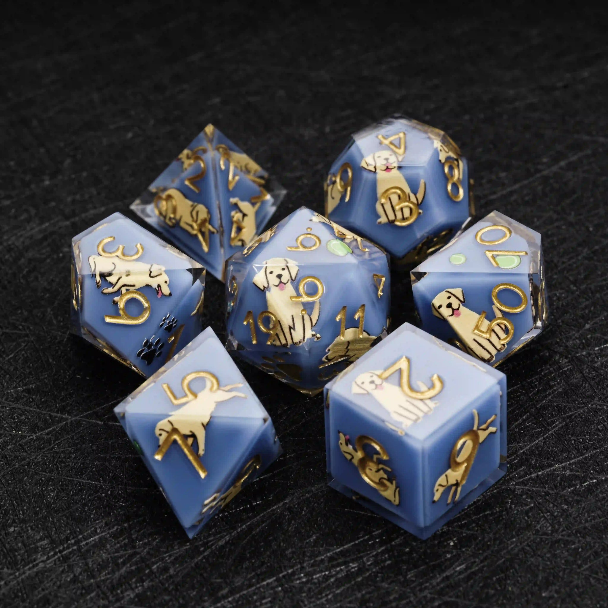 Kickstarter Dice – Sharp-Edged Blue Resin Labrador DND Dice Set | Bear Dice